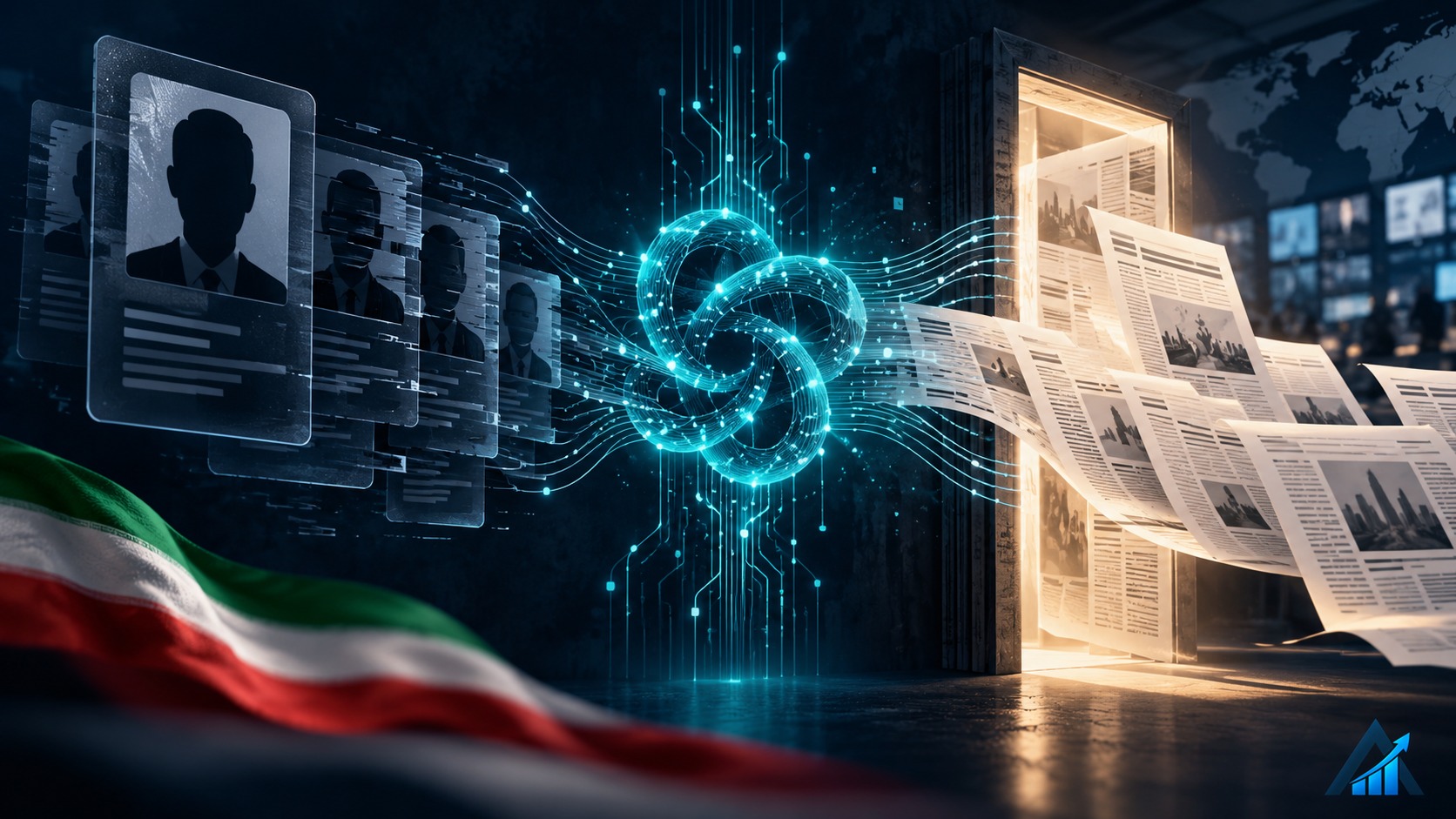 Original conceptual illustration of fabricated journalist identities linked through an abstract AI network to editorial pages, with an Iranian tricolour accent and a subtle actual Apex logo at lower right. No real person or outlet is depicted.