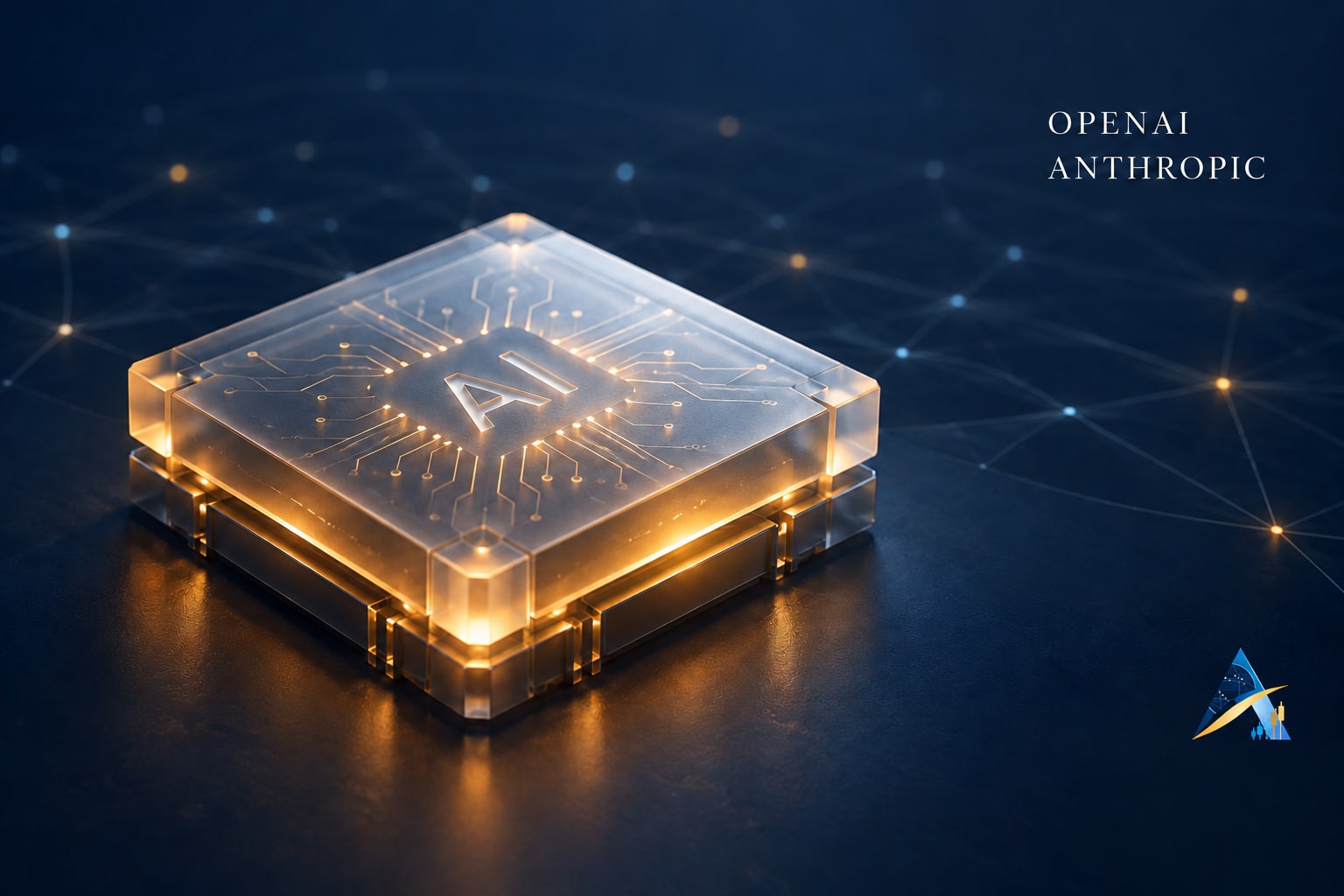 Minimal original conceptual illustration of a single illuminated AI processor against a navy network background, with OpenAI and Anthropic names and a subtle current Apex logo at lower right.