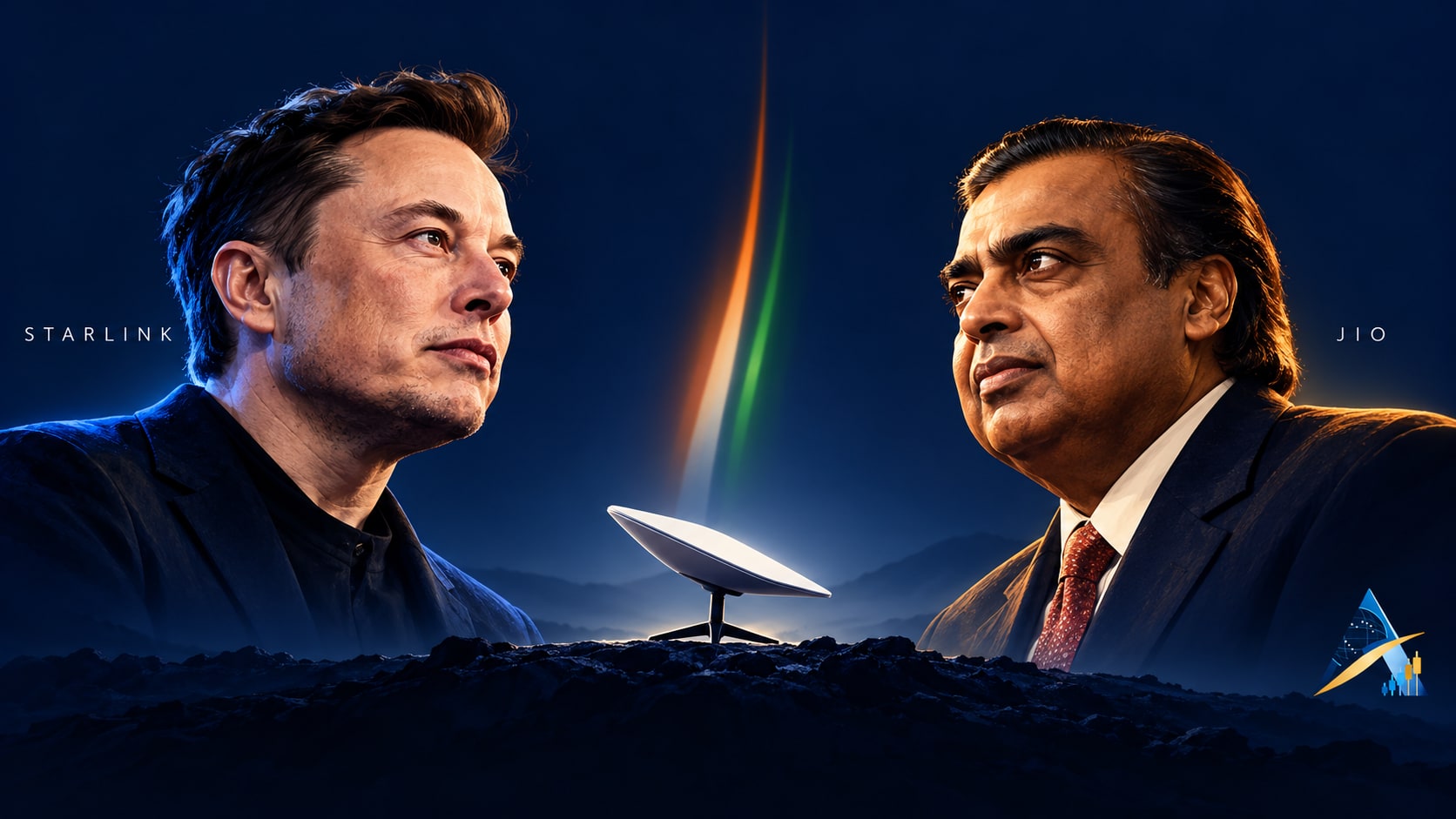 Original editorial illustration of Elon Musk and Mukesh Ambani on opposite sides of a Starlink dish, with restrained Starlink and Jio names, a subtle Indian tricolour accent and the current Apex logo.