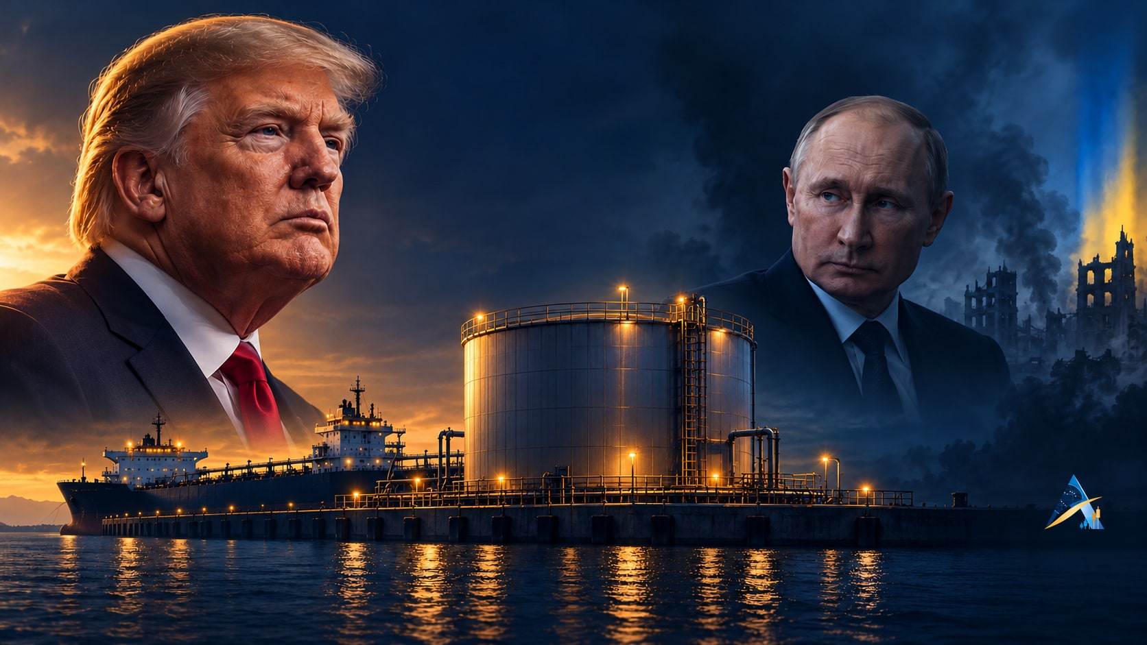 Original conceptual editorial illustration of Donald Trump and Vladimir Putin separated by a liquid diesel storage tank and a product tanker, with restrained Ukrainian blue-and-yellow light and a subtle current Apex logo.