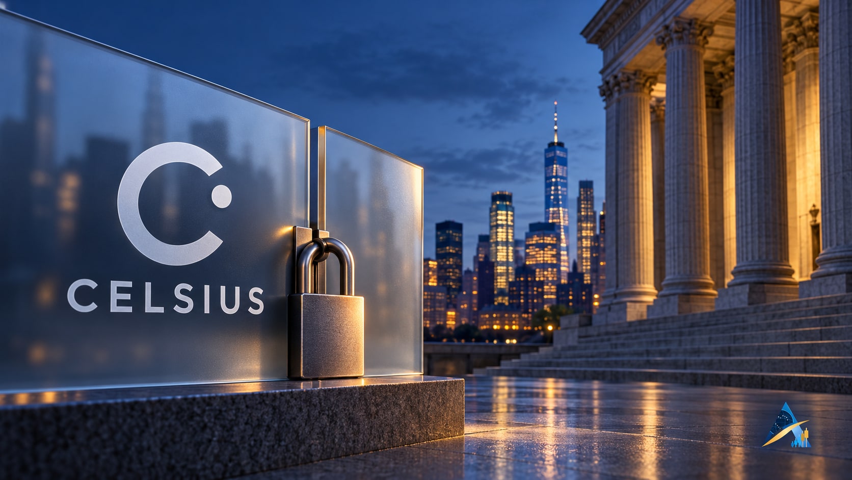 Conceptual editorial illustration of a locked Celsius glass panel beside New York courthouse columns and Manhattan, with a subtle Apex logo.