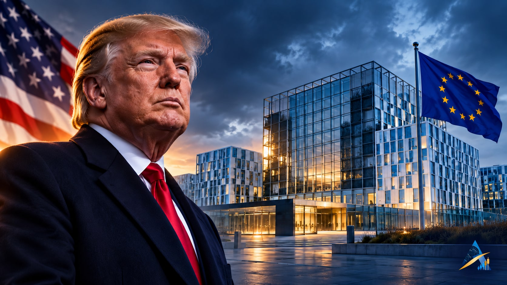 Conceptual editorial illustration of Donald Trump opposite the modern International Criminal Court building in The Hague, with U.S. and European flags and a subtle Apex logo.