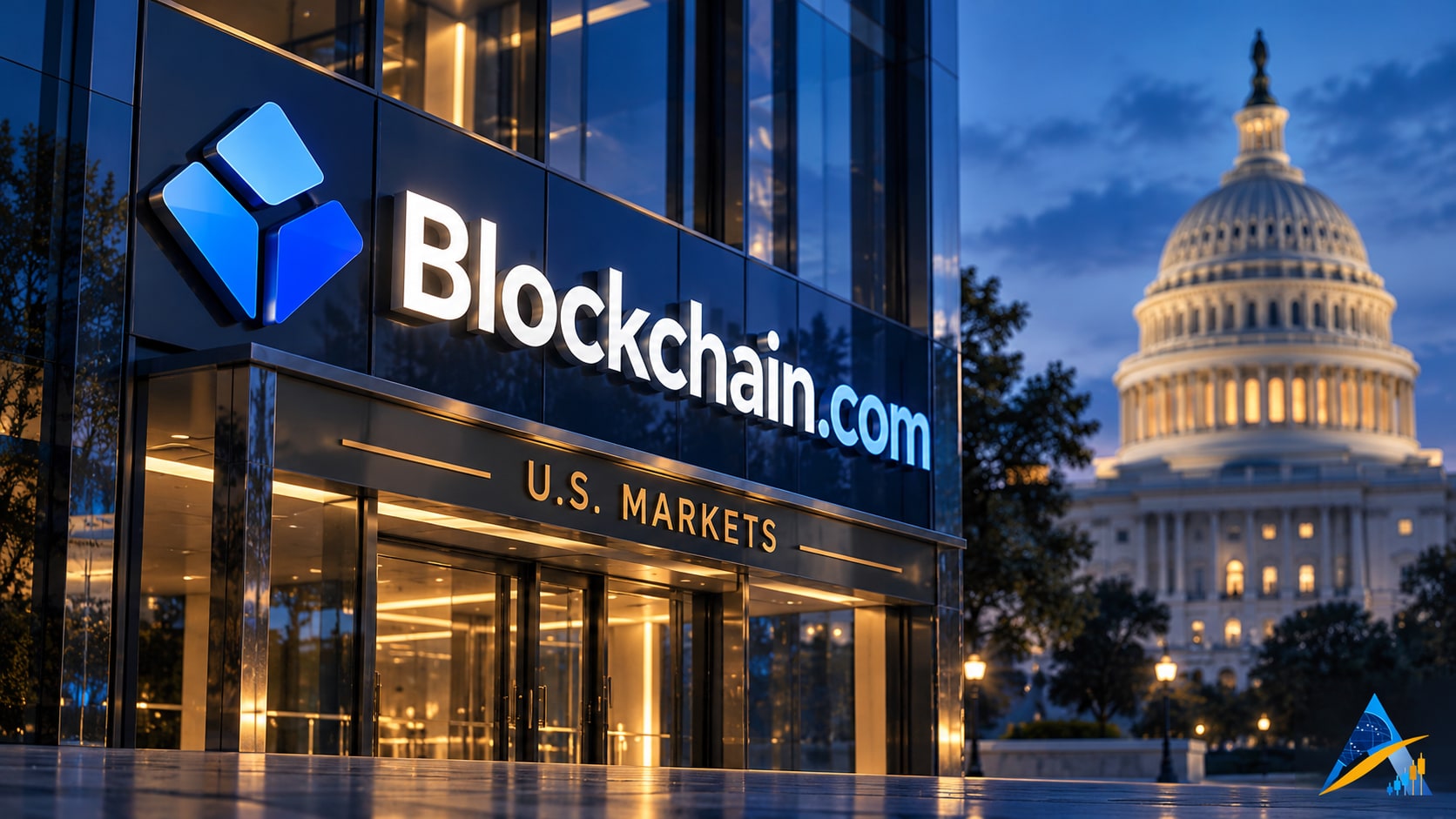Conceptual illustration of a Blockchain.com trading-exchange entrance with Washington architecture in the background and a subtle Apex logo.