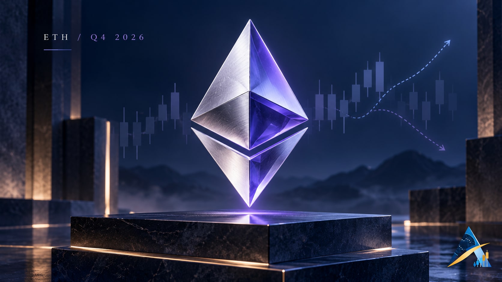 Conceptual Ethereum price-analysis illustration with a silver and violet ETH diamond, subtle abstract scenario branches and the current Apex logo in a corner.