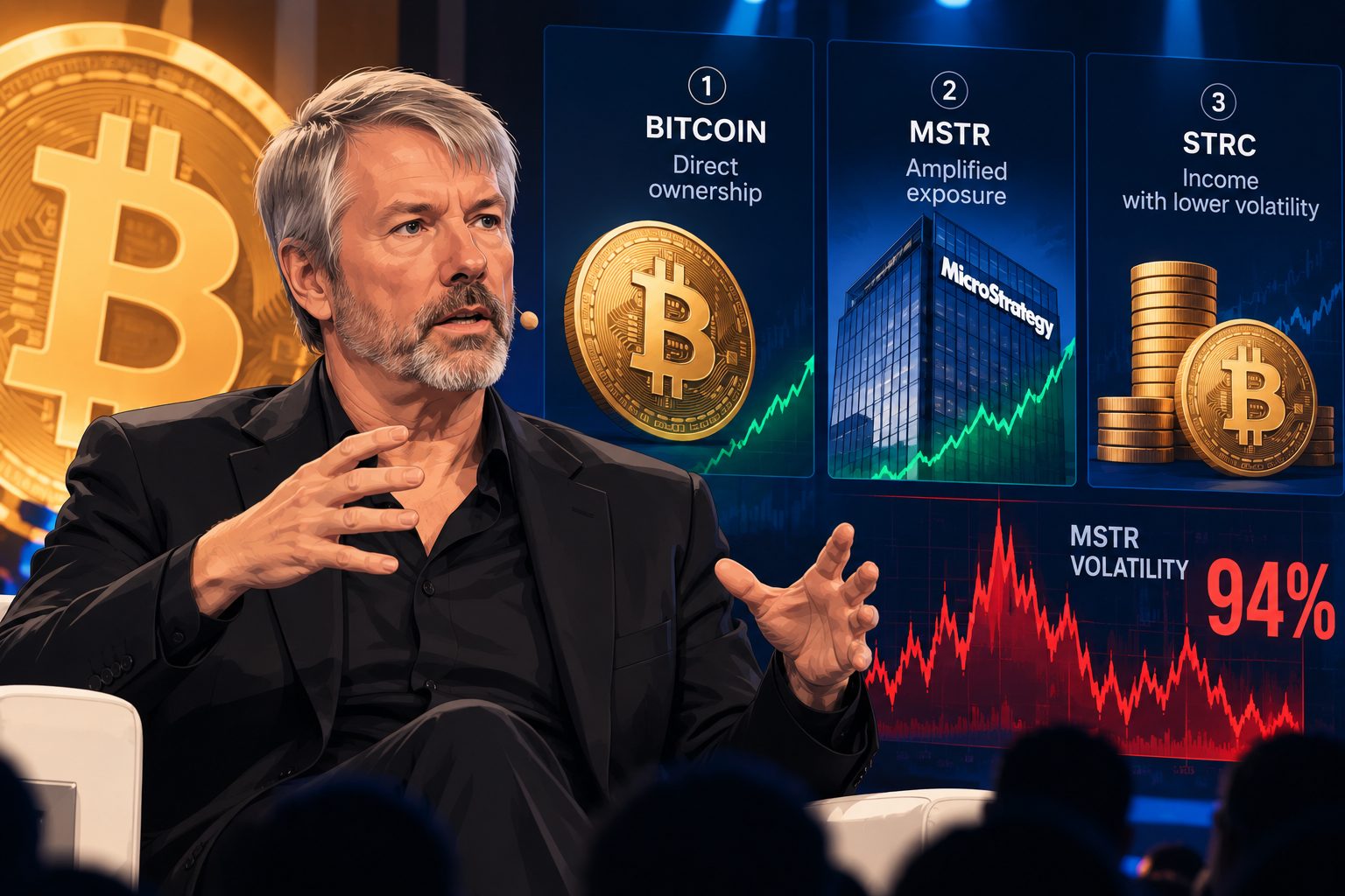 Michael Saylor pitches three ways to bet on Bitcoin as MSTR volatility hits 94%