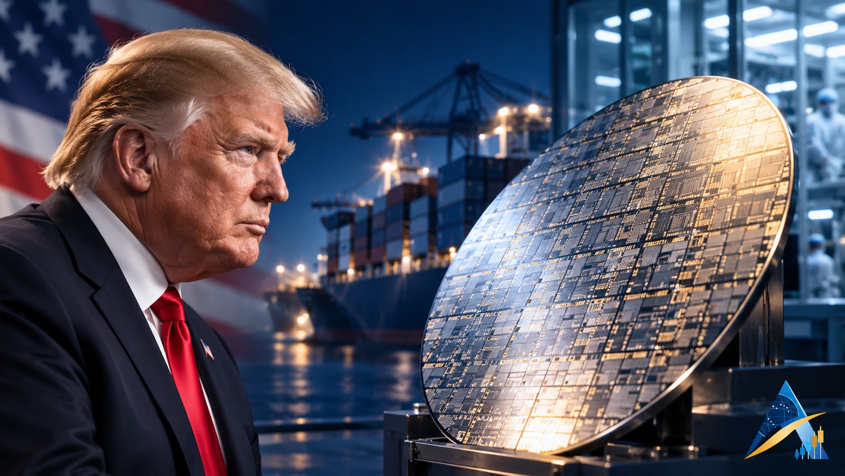 Conceptual editorial illustration of Donald Trump beside a semiconductor wafer, with port containers and clean-room lighting behind it and a subtle Apex logo.