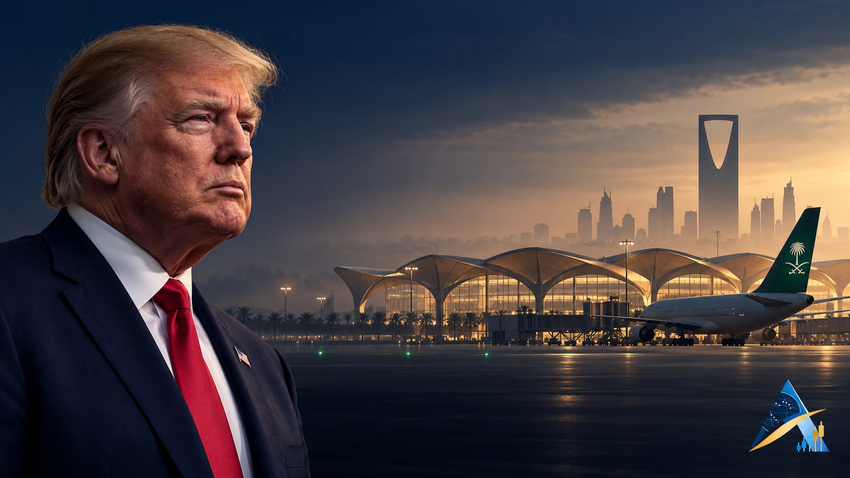 Conceptual editorial illustration of Donald Trump beside a Riyadh airport scene and grounded passenger aircraft, with a small Apex logo in the corner.