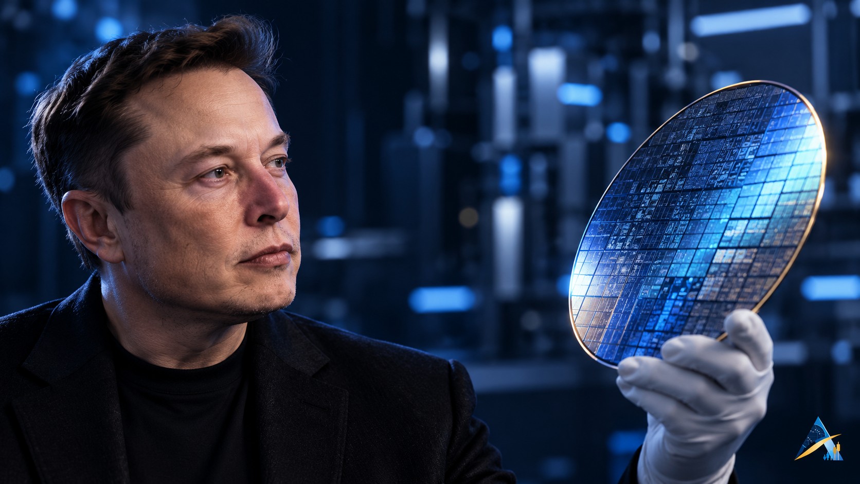 Editorial illustration of Elon Musk beside a semiconductor wafer with a subtle Apex Index logo.