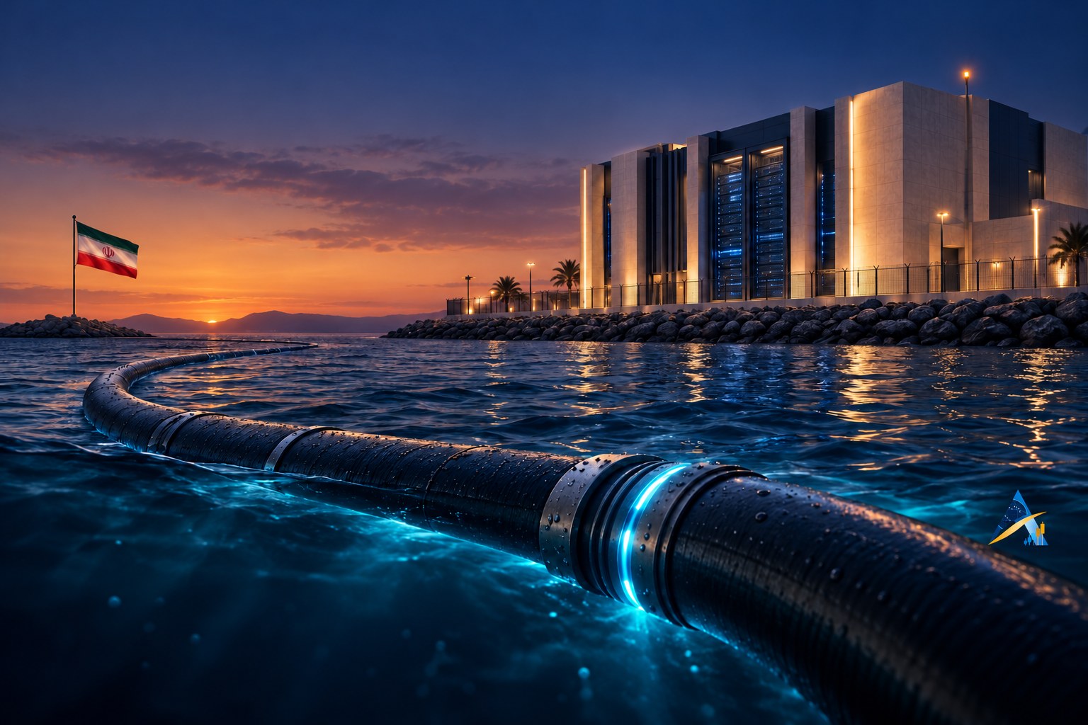 Conceptual editorial illustration of an intact fibre-optic cable beside a Gulf data centre at dusk, with an Iranian flag and subtle blue-and-gold Apex logo.
