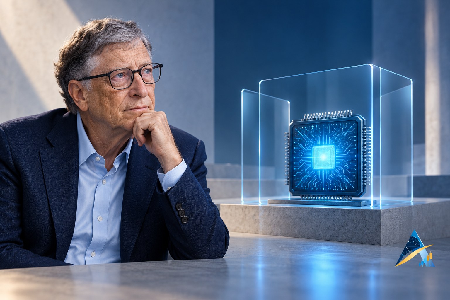 Conceptual editorial illustration of Bill Gates beside a blue AI processor behind a protective glass barrier, with a subtle current Apex logo.