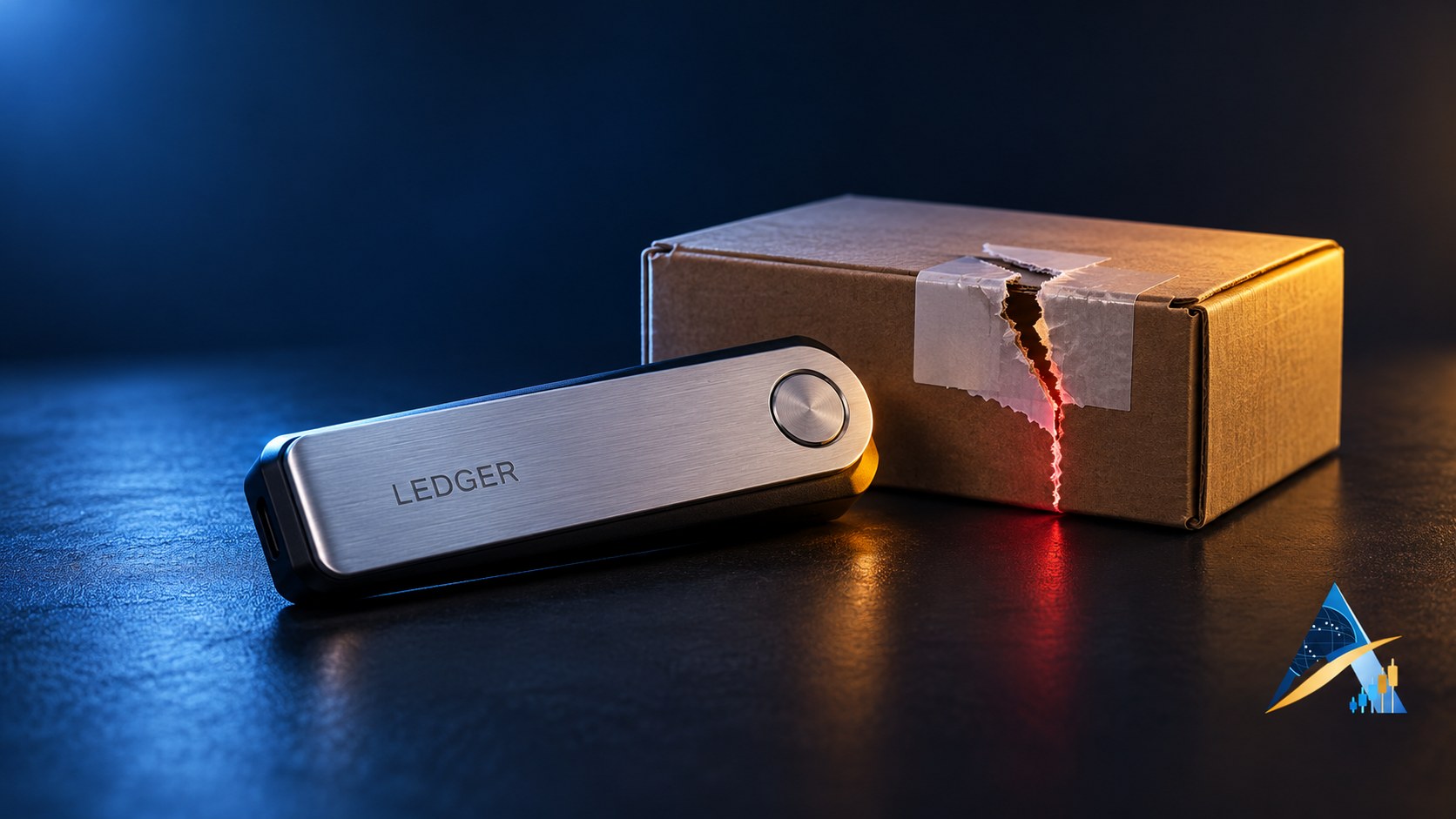 Conceptual editorial illustration of a Ledger-style hardware wallet beside a shipping box with a broken seal, with the current blue-and-gold Apex logo subtly in the corner.