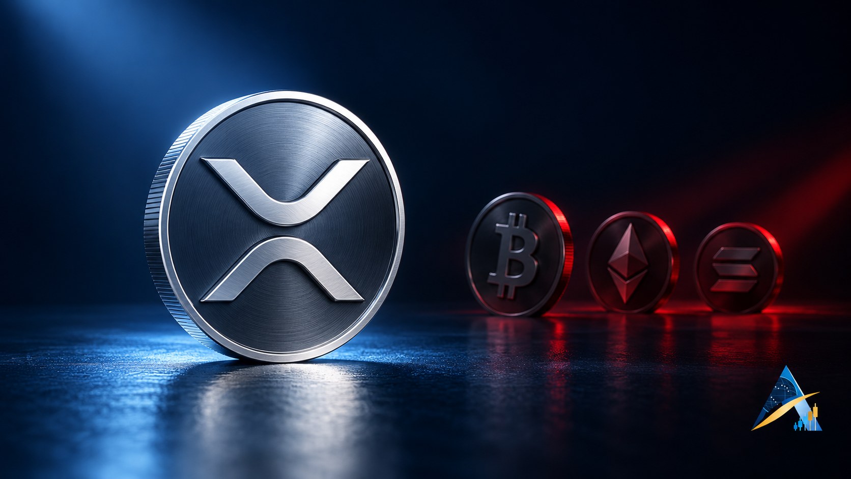 Conceptual editorial illustration of a silver XRP emblem under blue light, with smaller Bitcoin, Ethereum and Solana emblems under red light and a subtle current Apex logo.