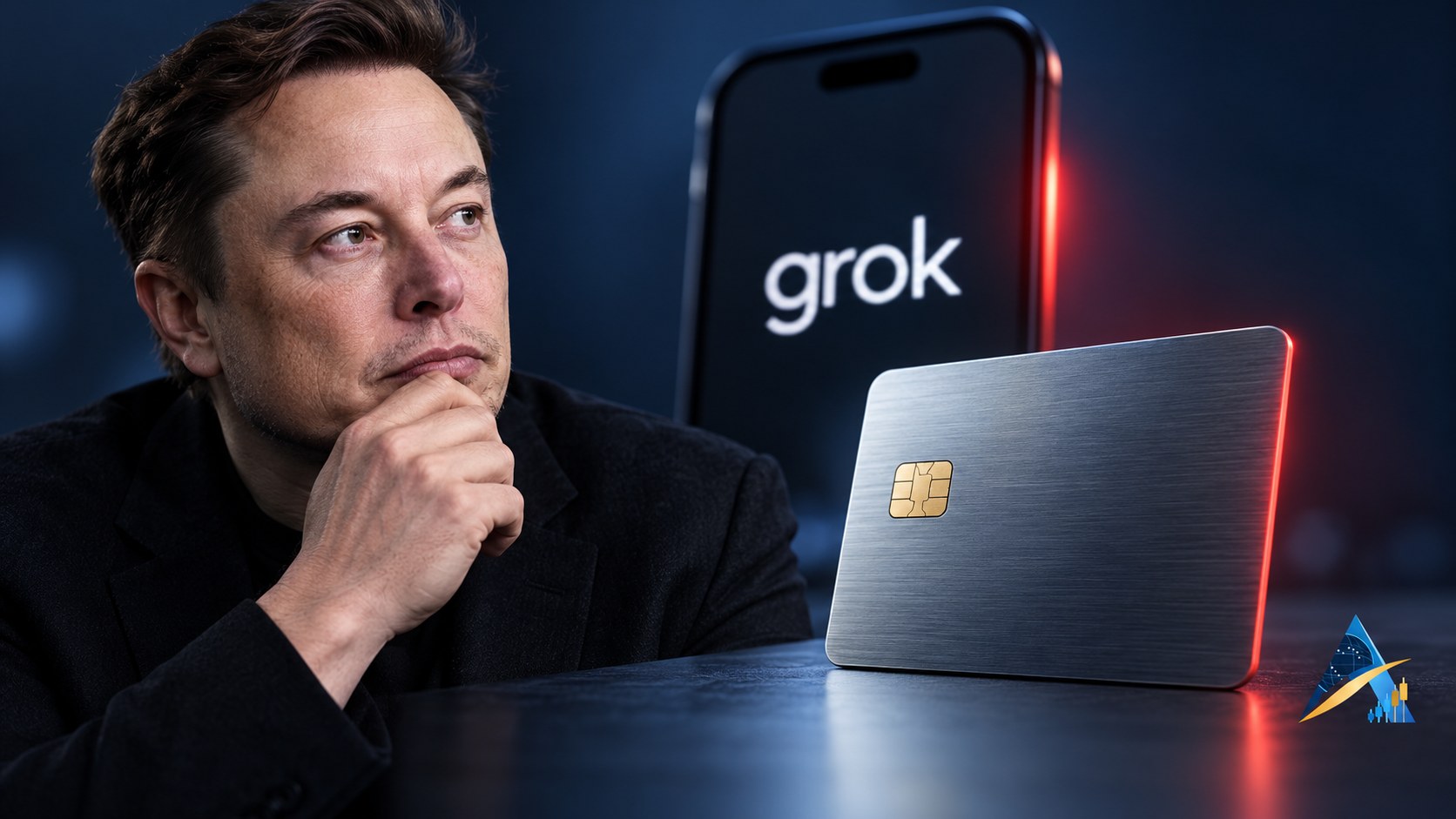 Conceptual editorial illustration of Elon Musk beside a Grok phone screen and a blank metallic payment card, with a subtle current blue-and-gold Apex logo.