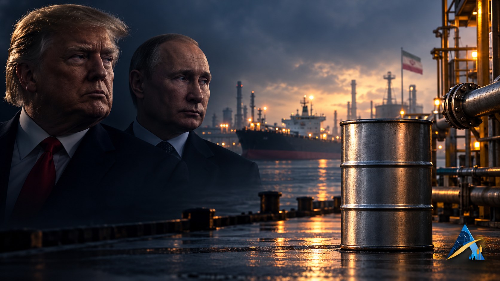 Conceptual editorial illustration of Donald Trump and Vladimir Putin beside fuel barrels and port infrastructure, with subtle Iranian context and the current Apex logo.