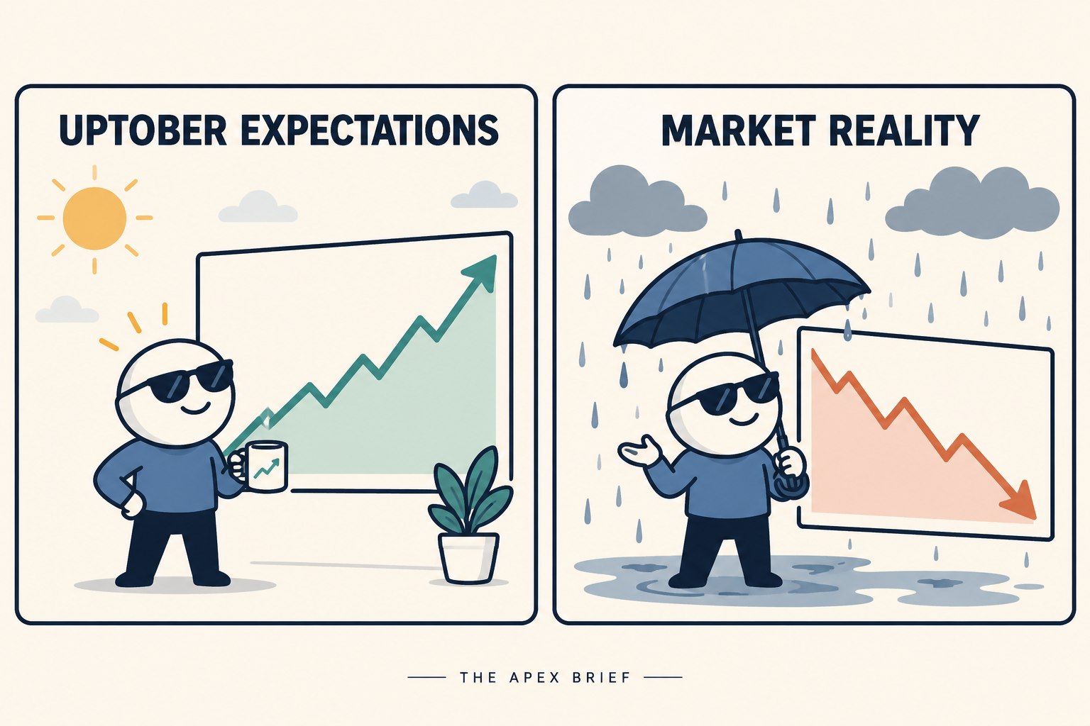 Original APEX Brief cartoon: sunny Uptober expectations beside rainy market reality. Humour, not measured price data.