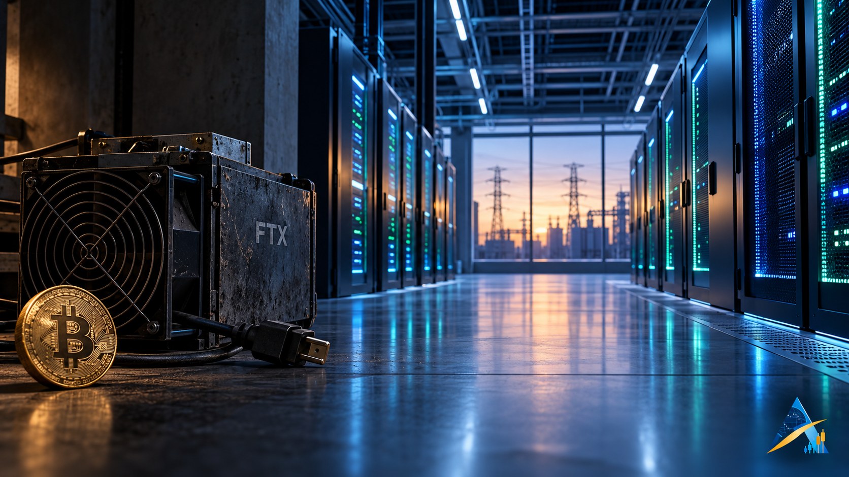 Conceptual editorial illustration of an unplugged FTX-labelled mining unit and Bitcoin coin beside an illuminated AI server aisle and power infrastructure, with the current Apex logo.