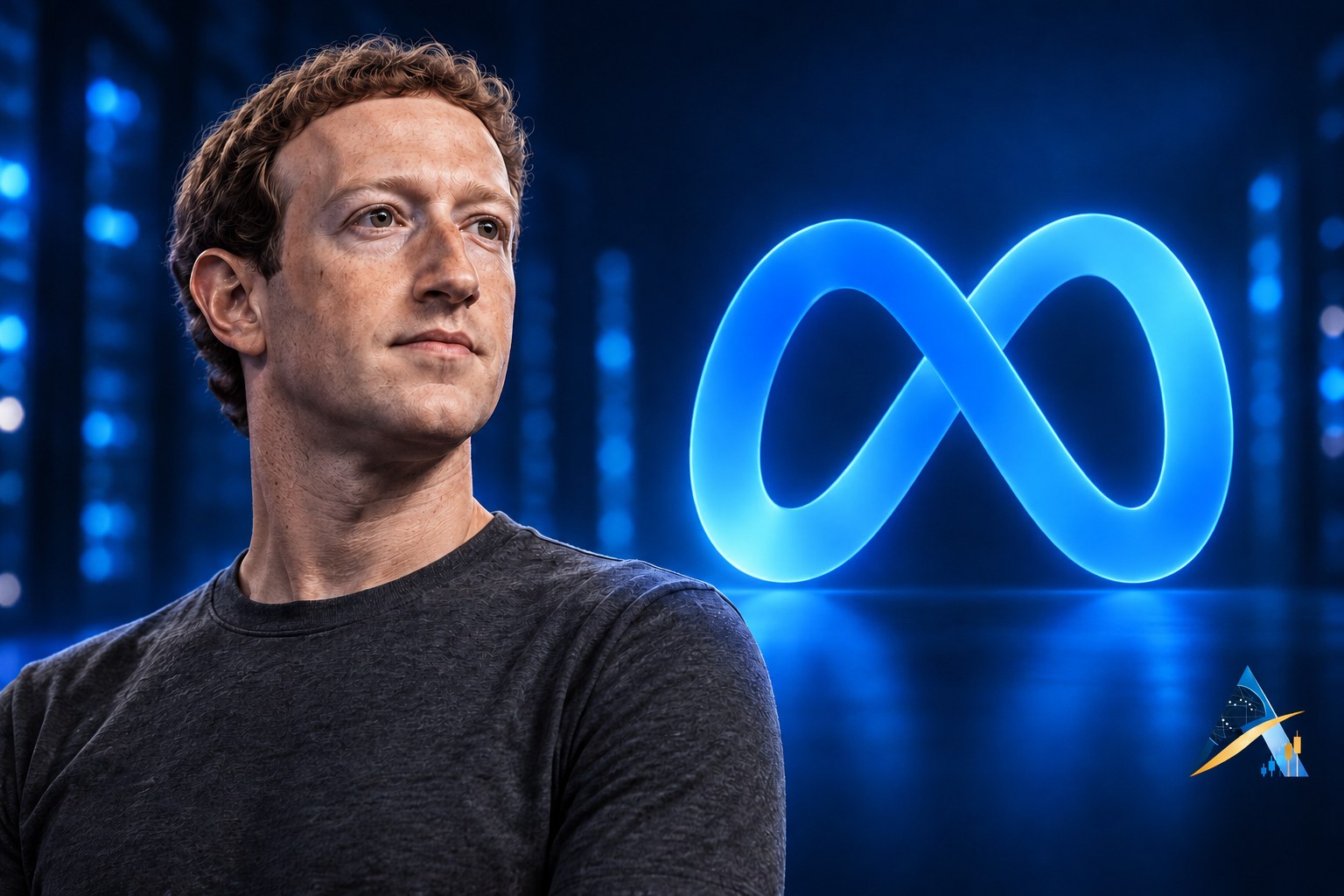 Conceptual editorial illustration of Mark Zuckerberg beside an illuminated blue Meta infinity symbol, with the current blue-and-gold Apex logo subtly placed in the lower-right corner.