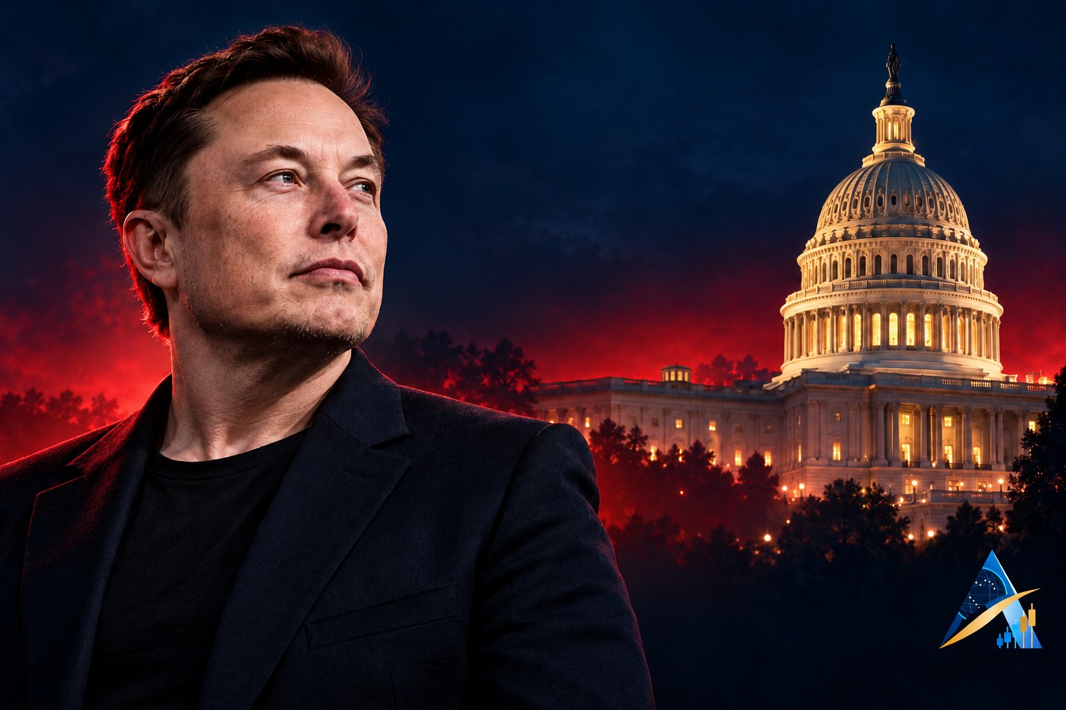 Conceptual editorial illustration of Elon Musk beside the illuminated U.S. Capitol, with subtle red accents and the current Apex logo in the lower-right corner.