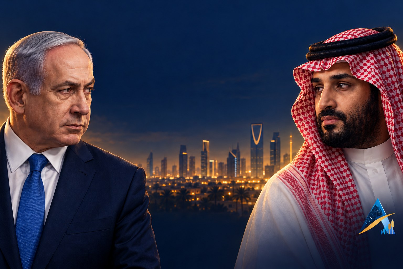 Conceptual editorial illustration of Benjamin Netanyahu and Mohammed bin Salman separated by dark negative space above the Riyadh skyline, with the current Apex logo subtly placed in the lower-right corner.
