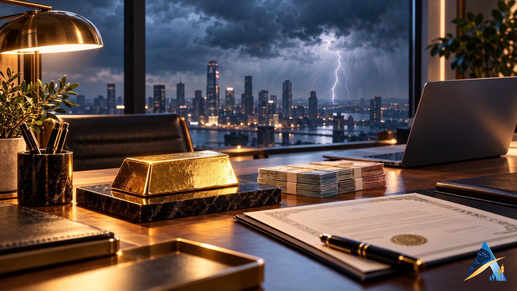 Realistic financial desk holding gold bars, currency and securities paperwork beside a storm-lit city window, with a discreet Apex logo.