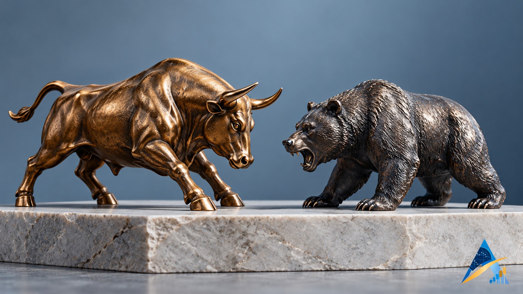 Photorealistic bronze bull and dark steel bear sculptures facing each other on a pale stone plinth, with a discreet Apex logo.