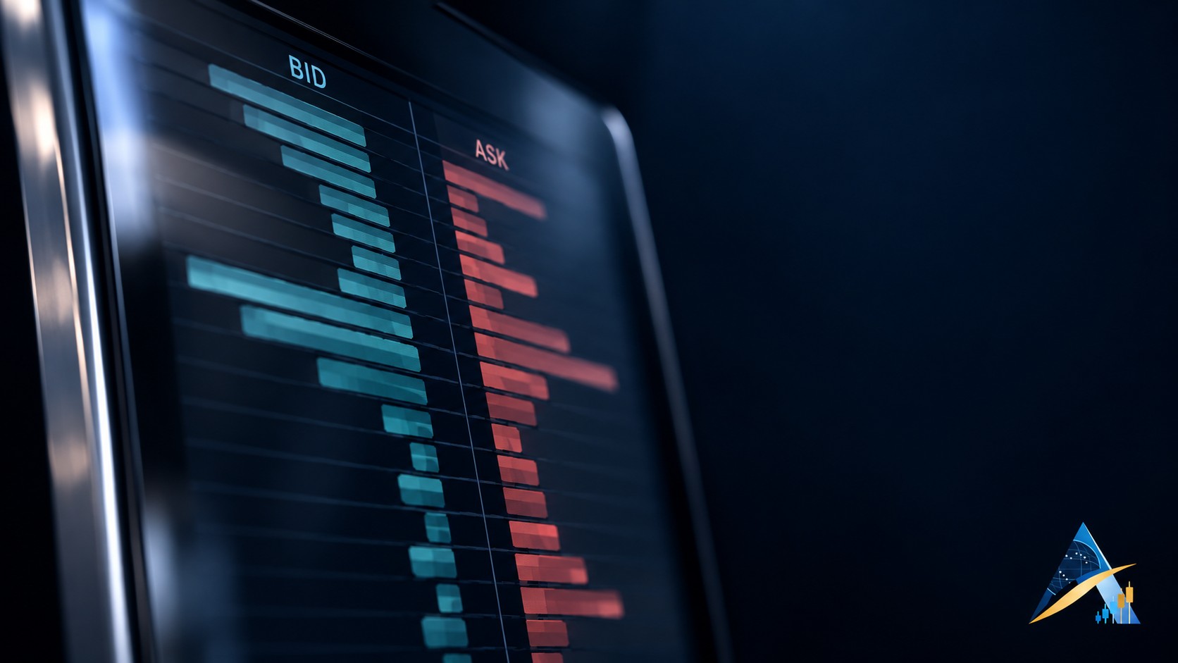 Close-up of a physical exchange screen with illustrative bid and ask depth bars against a restrained navy background, with a discreet Apex logo.