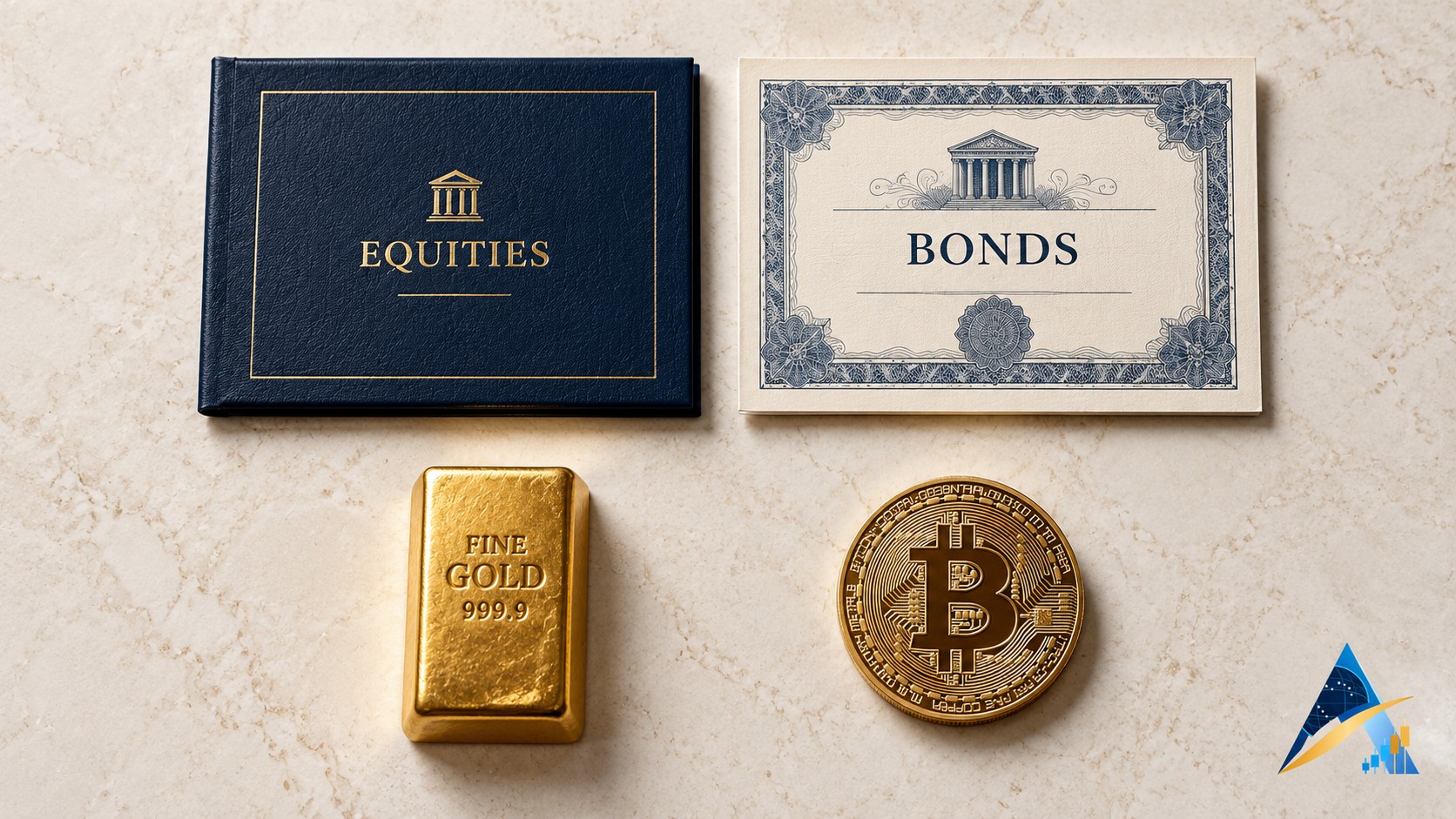 Minimal overhead financial still life with an equities folder, bond certificate, gold ingot and Bitcoin coin, with a discreet Apex logo.