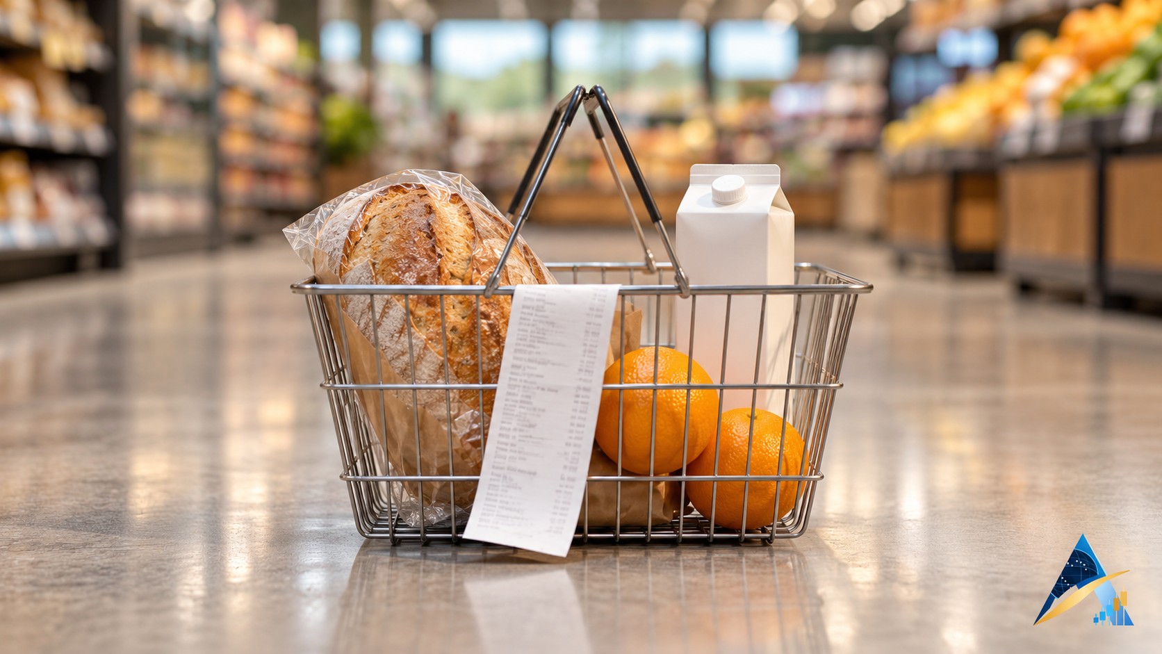 Photorealistic grocery basket with bread, milk, oranges and a receipt in a softly focused supermarket, with a discreet Apex logo.