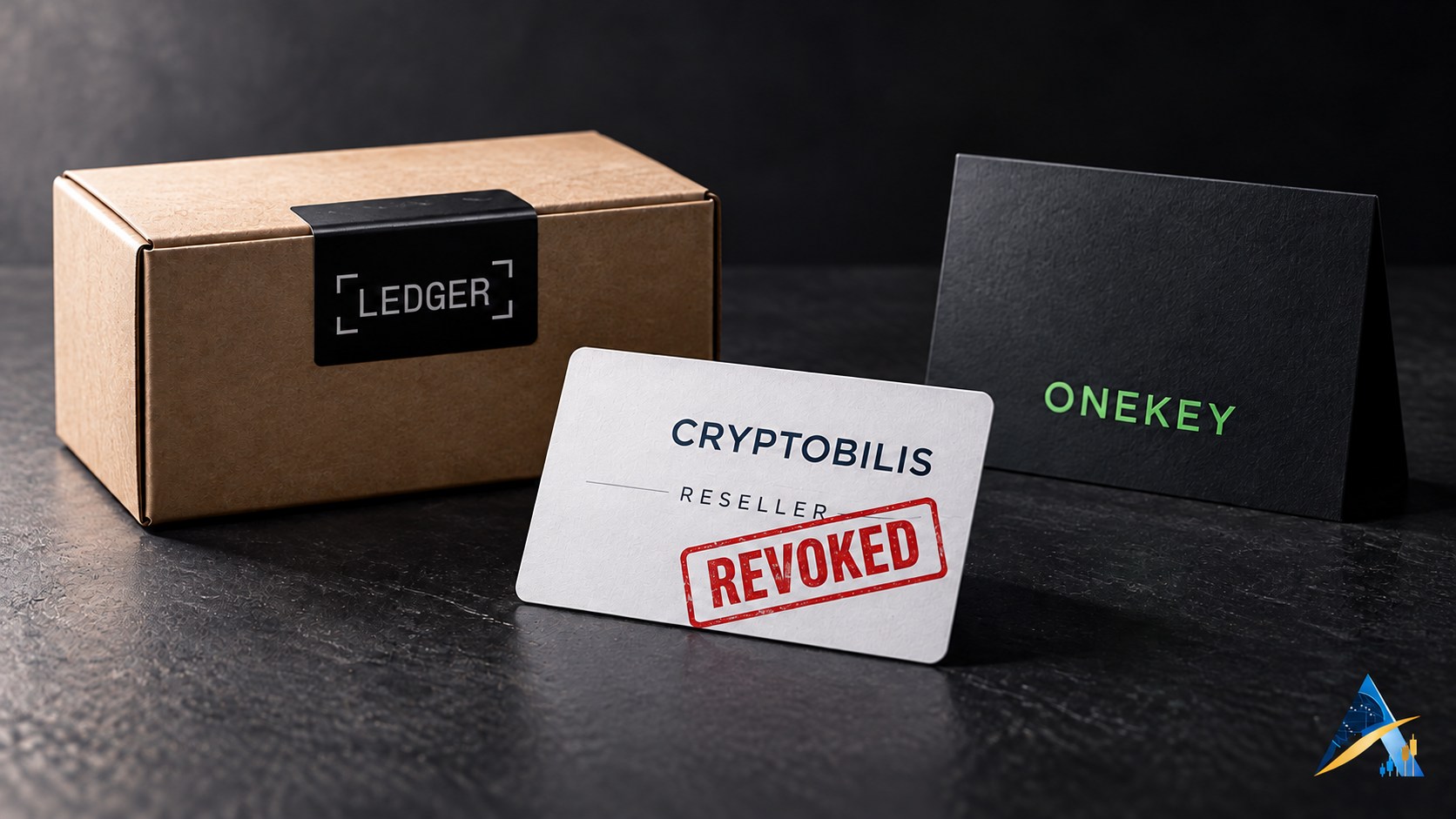 Conceptual photographic illustration of Ledger-labelled packaging, a OneKey name card and a symbolic CryptoBilis reseller card marked revoked, with the current Apex logo.