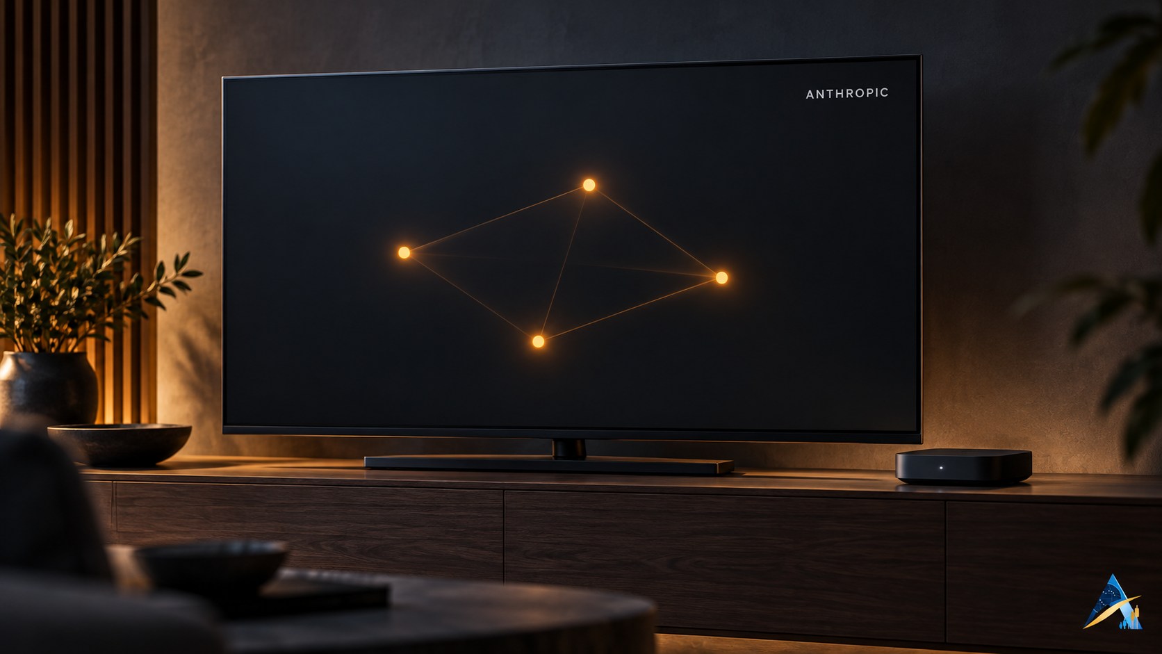 Conceptual editorial illustration of a smart TV, a streaming box and subtle connected nodes representing possible distributed AI, with a small Apex logo.