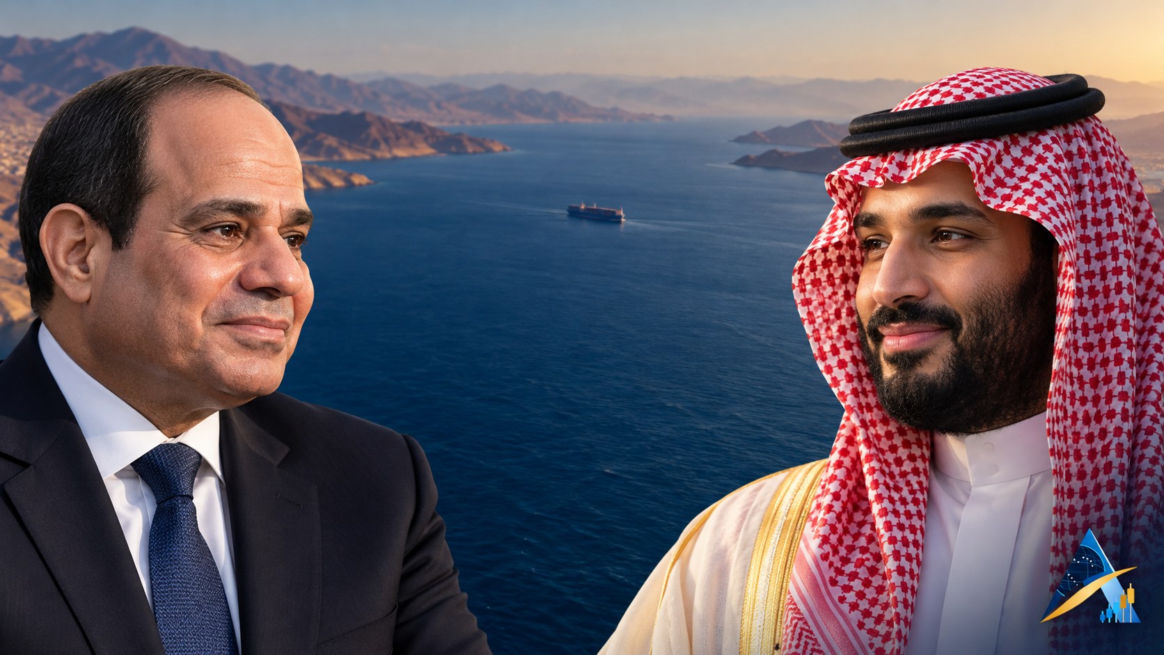 Conceptual editorial composite of Egypt’s Abdel Fattah el-Sisi and Saudi Arabia’s Mohammed bin Salman with a distant cargo ship on blue water and a subtle Apex logo.