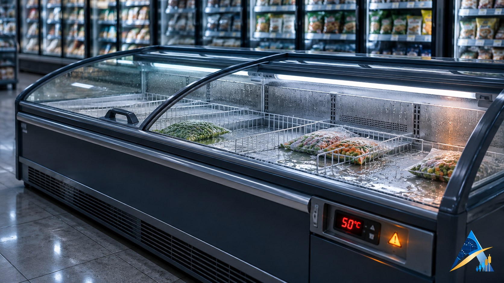 Conceptual editorial illustration of a supermarket freezer containing thawing packaged vegetables, with a controller reading 50°C and a subtle Apex logo. Not a photograph of an identified affected store.