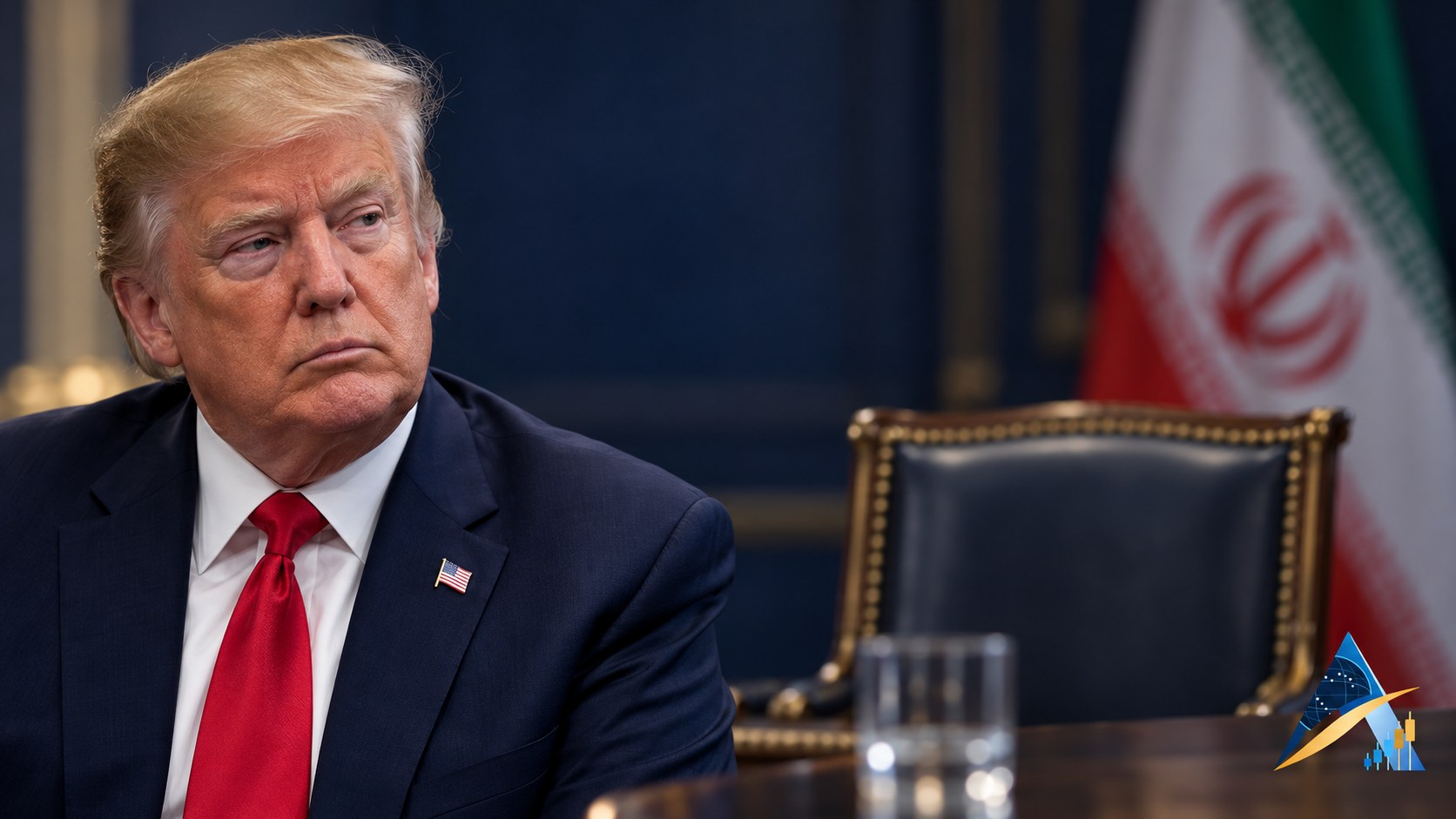 Conceptual editorial composite of Donald Trump beside an empty diplomatic chair with a blurred Iranian flag and a subtle Apex logo. Not a photograph of an actual negotiation.