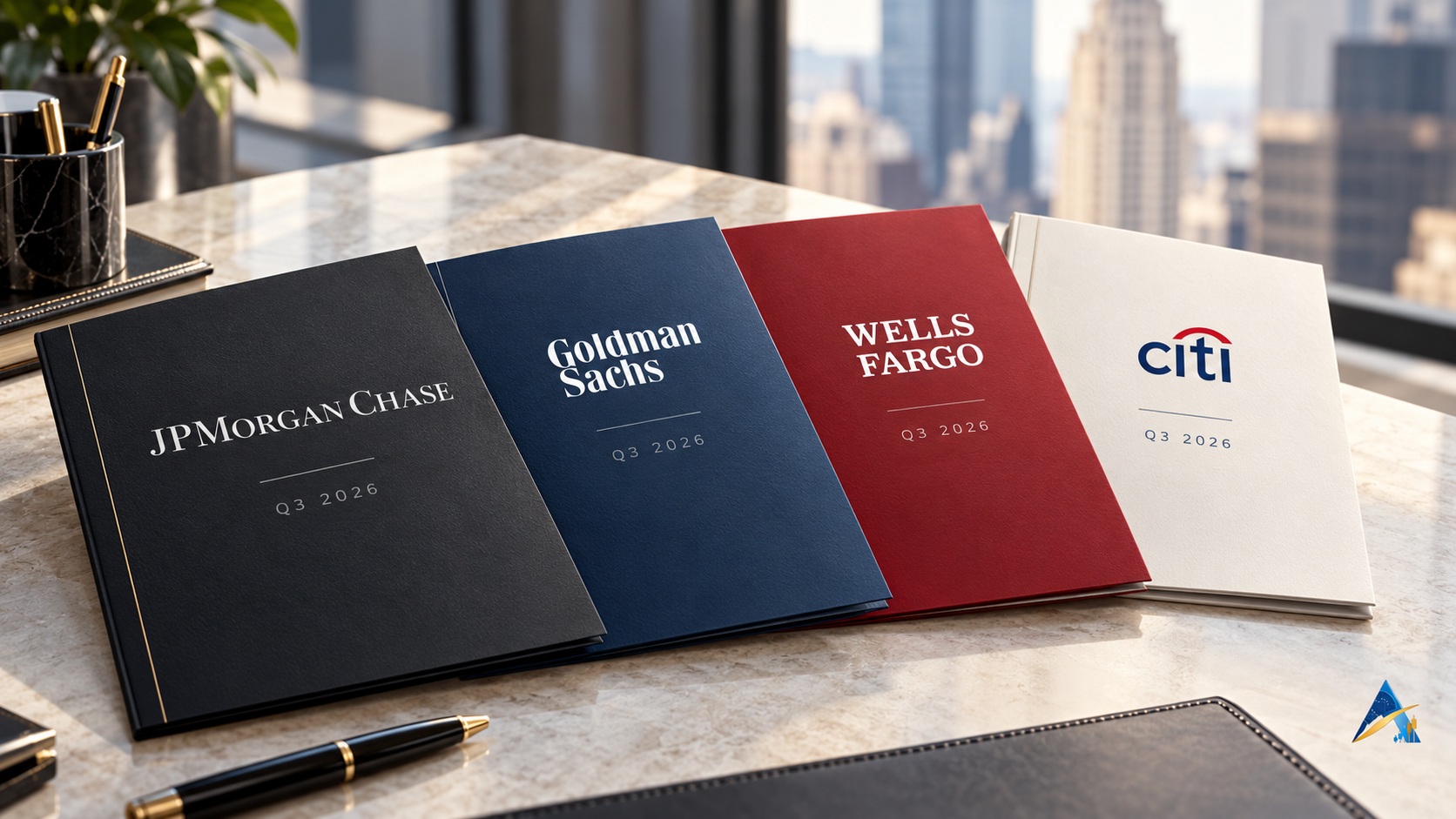 Conceptual editorial illustration of four quarterly-results folders labelled JPMorgan Chase, Goldman Sachs, Wells Fargo and Citi, with a subtle Apex logo. These are illustrative covers, not photographs of official bank documents.