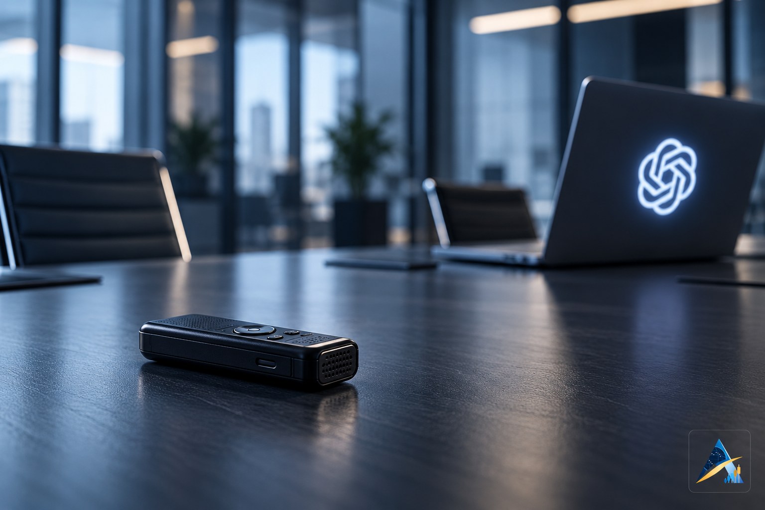 Conceptual editorial illustration of a small audio recorder on an empty technology-office conference table; not a photograph of the actual device or office.
