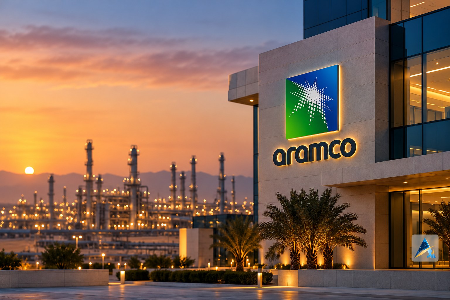 Conceptual illustration of an Aramco-branded office exterior and oil-processing infrastructure at dusk, with a subtle Apex logo; not a photograph of the actual headquarters or attack.