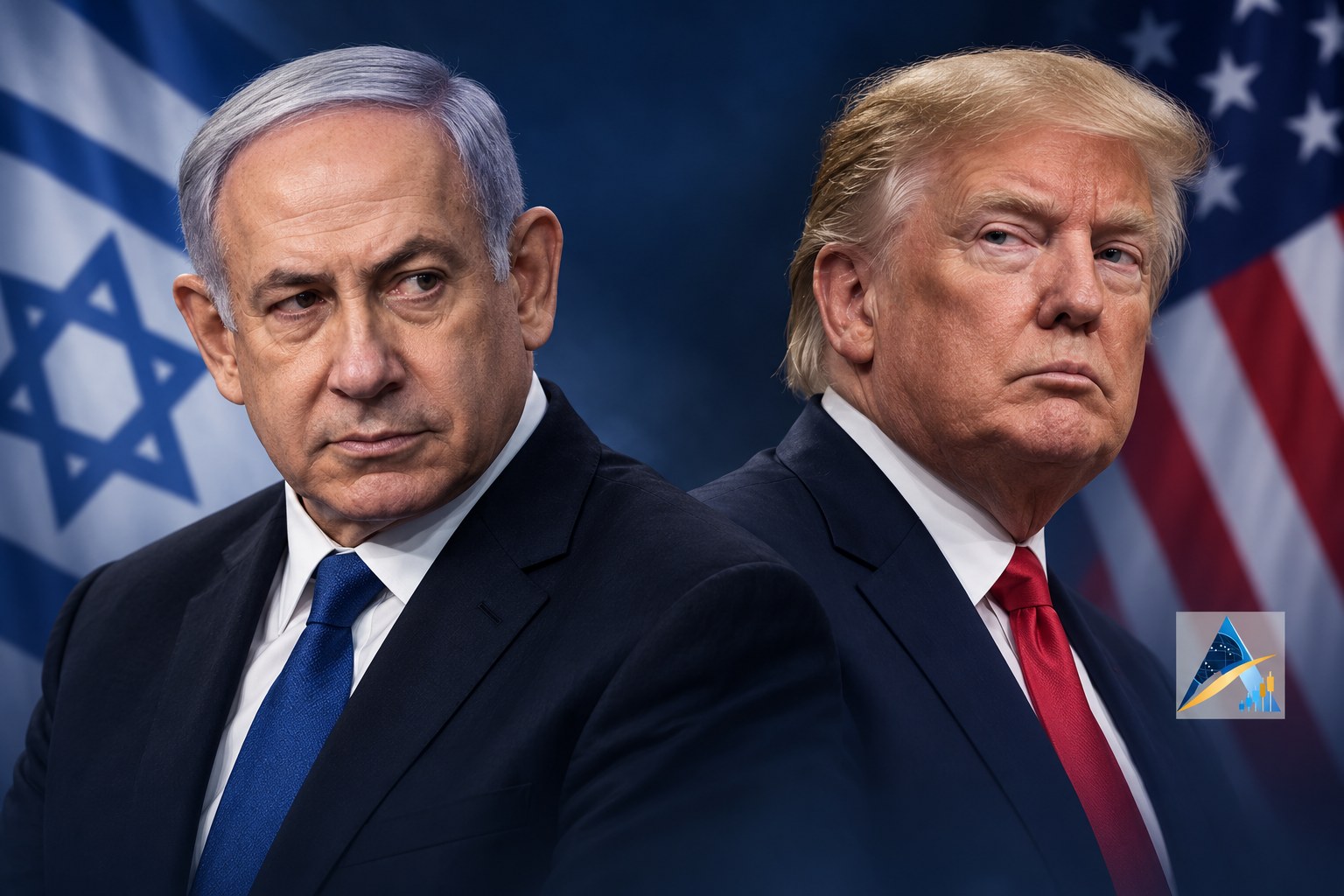 Conceptual editorial illustration of separate portraits of Benjamin Netanyahu and Donald Trump against subtle Israeli and American flags, with the Apex logo; not a photograph of an actual meeting.