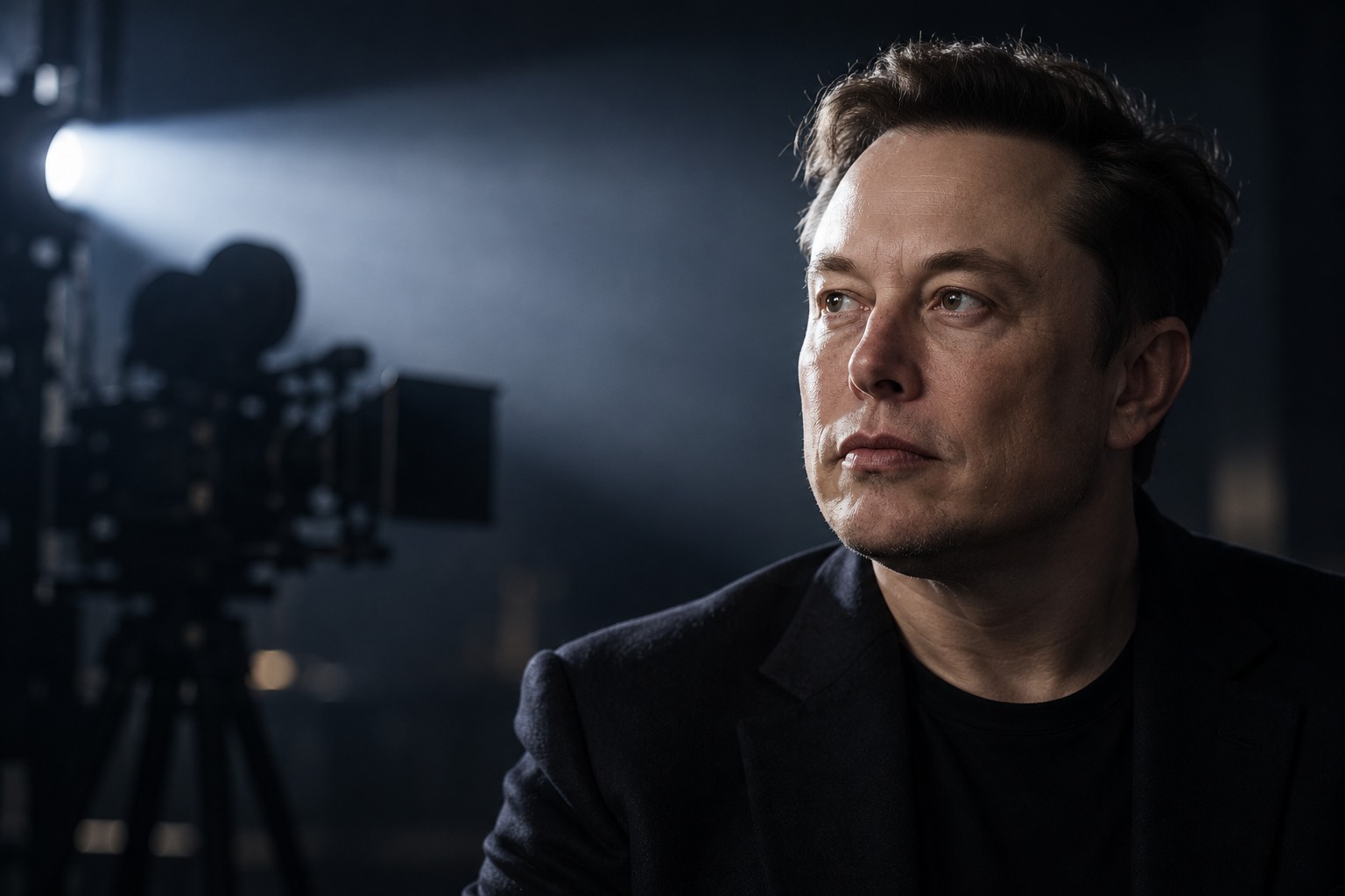 Conceptual editorial illustration of Elon Musk beside a film camera, rather than a still from the documentary.