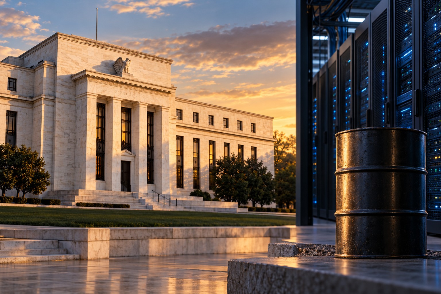 Conceptual editorial composite of the Federal Reserve headquarters, data-center servers and an oil barrel representing AI and energy inflation pressures.