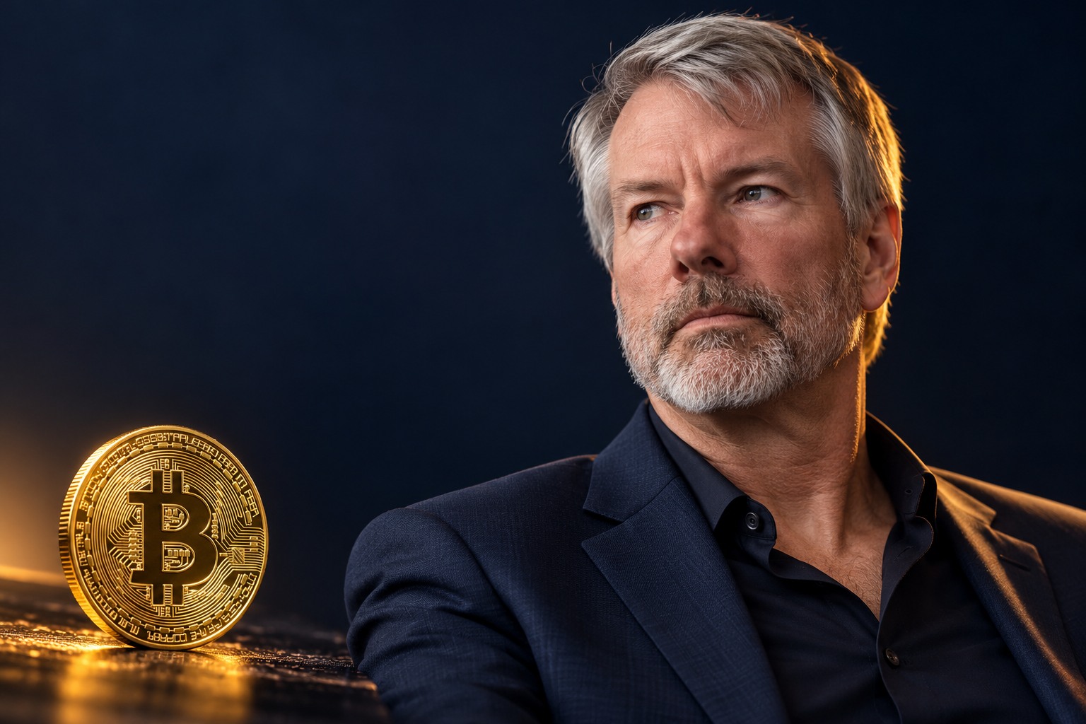Conceptual editorial portrait of Michael Saylor beside a gold Bitcoin coin, rather than a photograph of the October 13 interview.