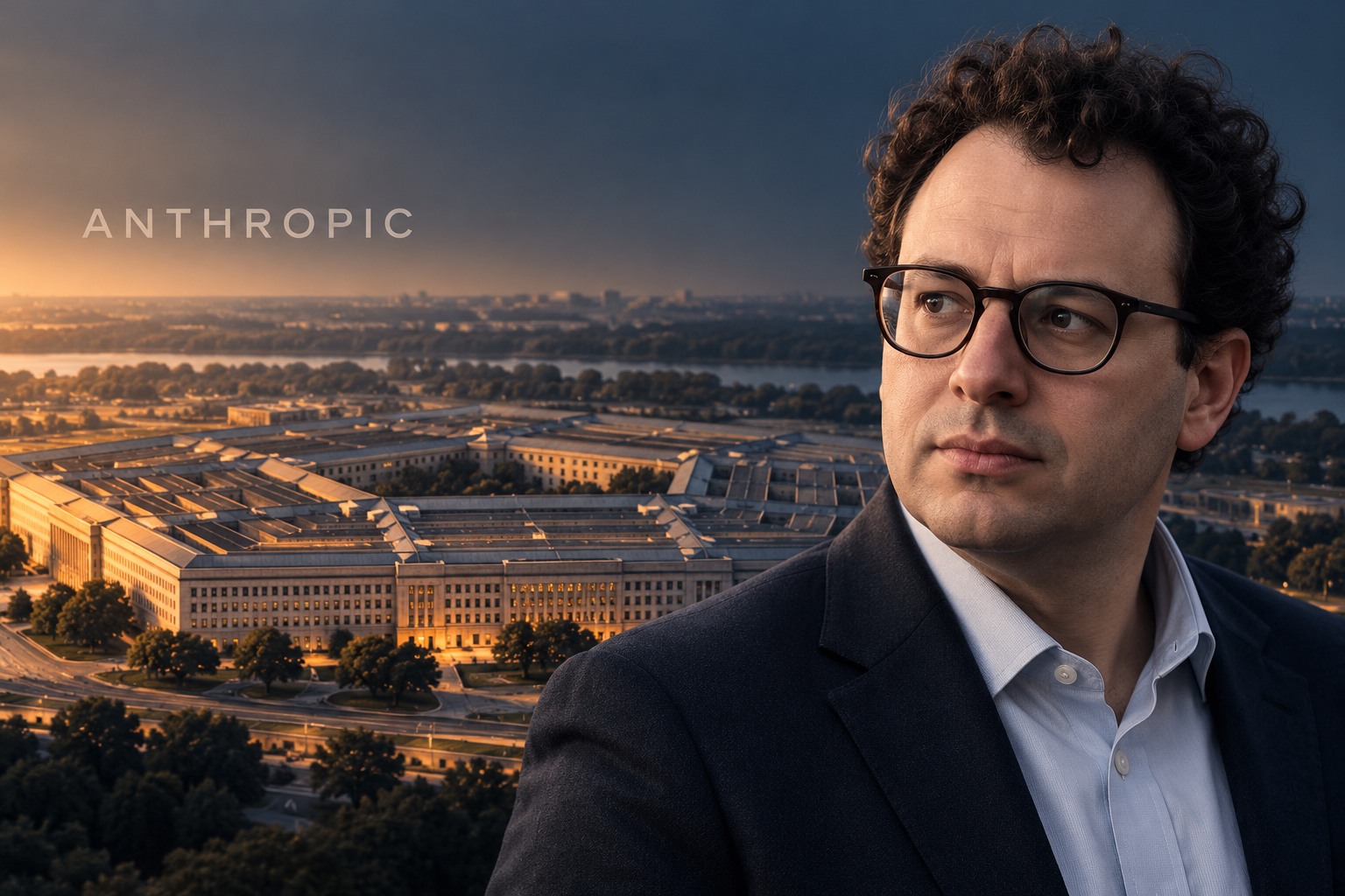 Conceptual editorial illustration of Anthropic CEO Dario Amodei with the Pentagon and Anthropic company name, rather than a photograph of a meeting.