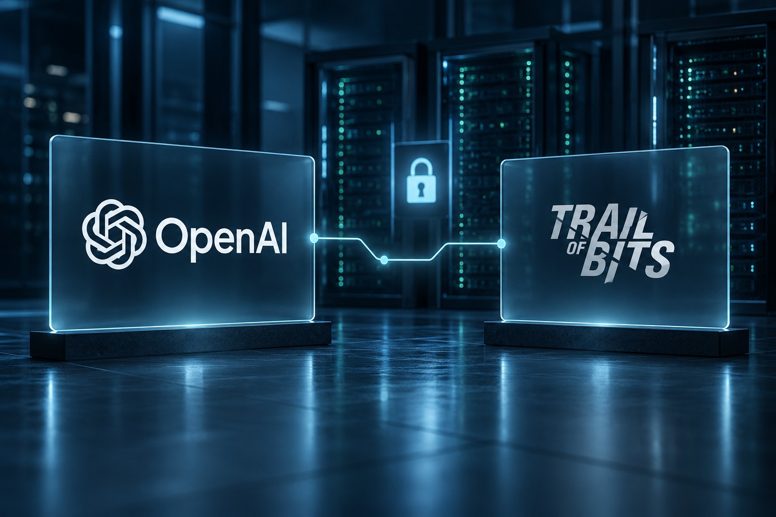 Conceptual illustration of OpenAI and Trail of Bits company names beside secure computing infrastructure, rather than a photograph of an agreed acquisition.