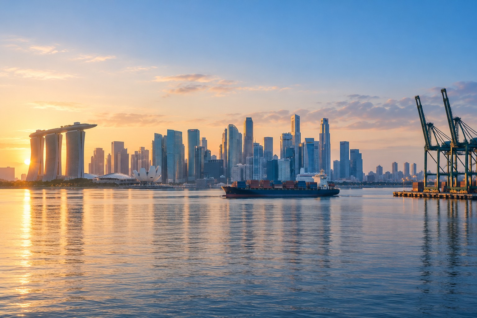 Conceptual illustration combining Singapore's financial skyline and shipping infrastructure at dawn, rather than a photograph of a specific location or event.
