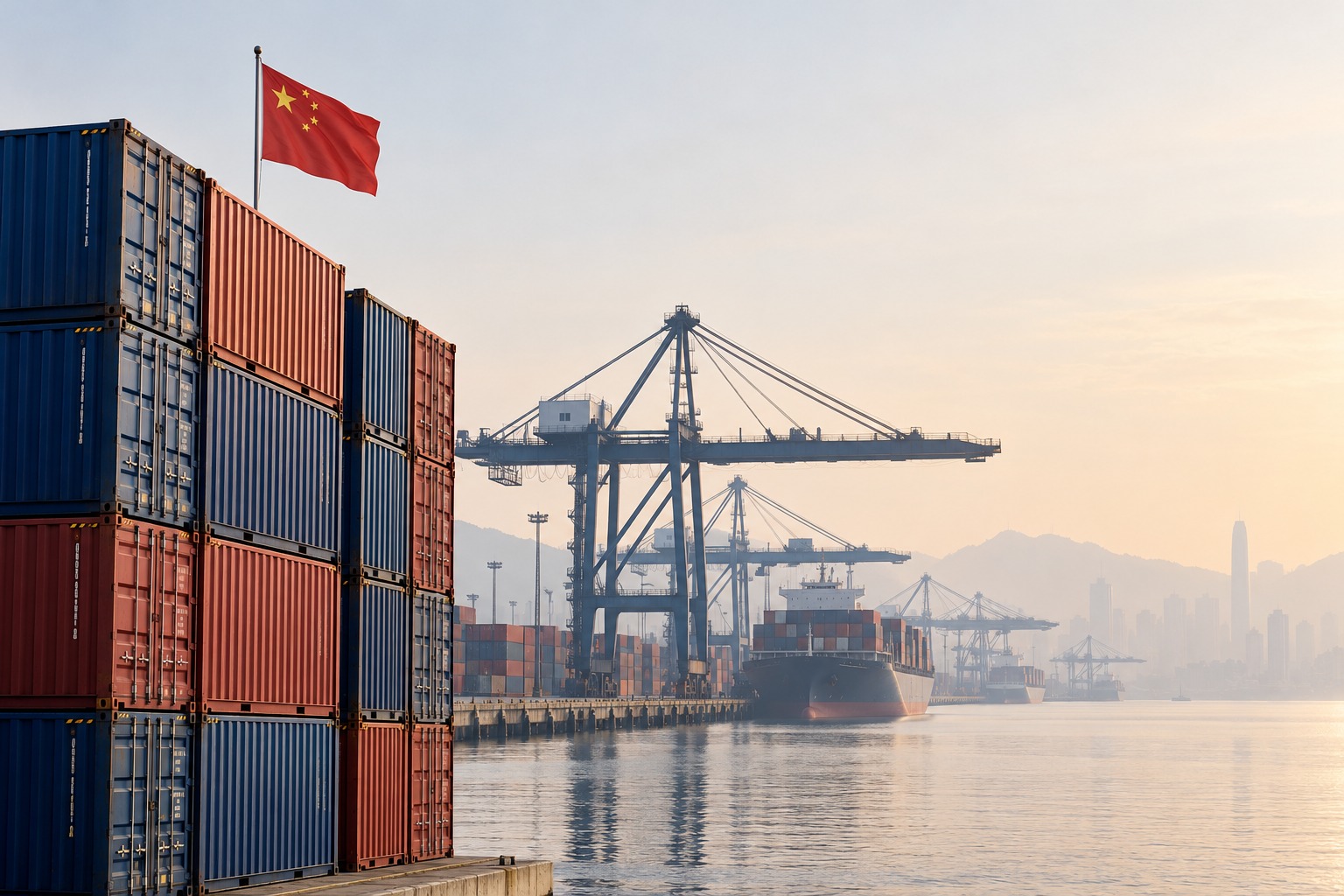 Conceptual editorial illustration of stacked shipping containers, a Chinese flag and port cranes in morning light, rather than a photograph of a specific terminal or event.