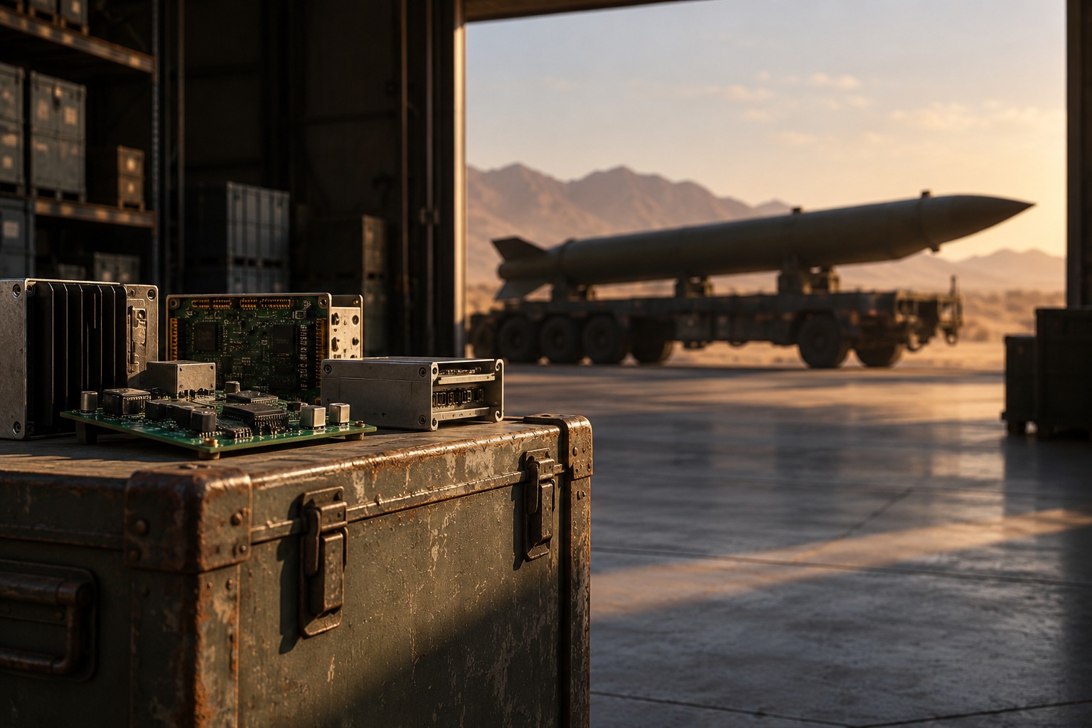 Conceptual illustration of generic electronic modules on a shipping crate, with an unidentifiable missile silhouette in the background. Not a photograph of a Houthi weapon, an actual seizure or the Kheibar Shekan.