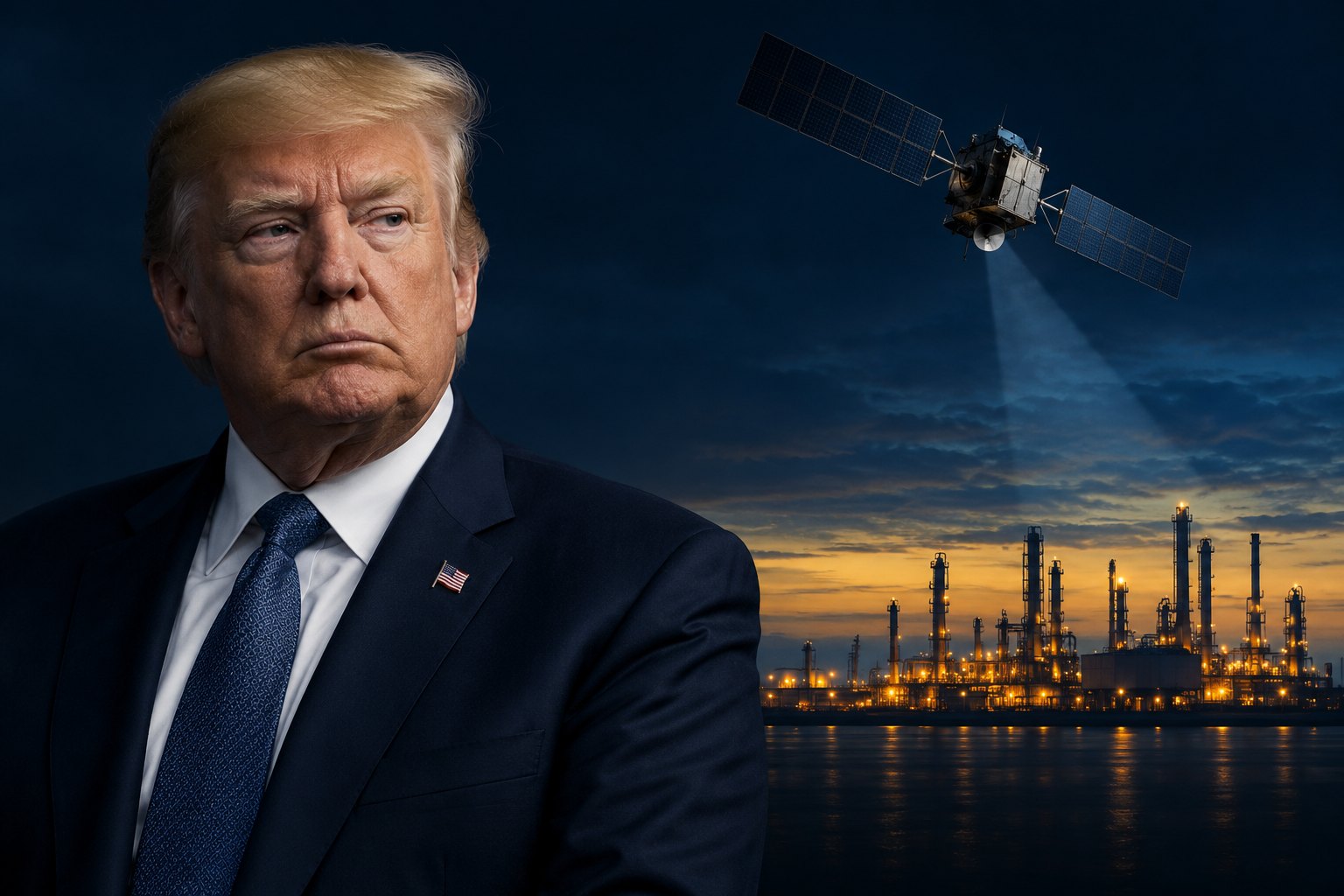 Conceptual editorial illustration of Donald Trump alongside a generic surveillance satellite and an oil refinery. Not a photograph of a specific attack or intelligence operation.