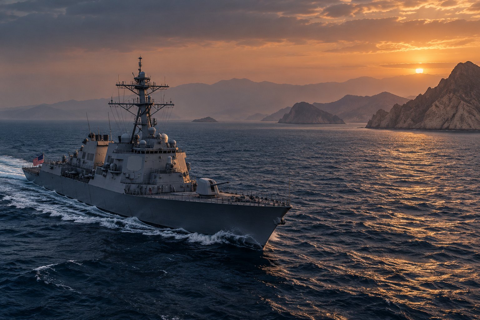 Conceptual editorial illustration of a generic American destroyer near a rugged coastline representing the Strait of Hormuz. Not a photograph of an actual confrontation or a specific ship.