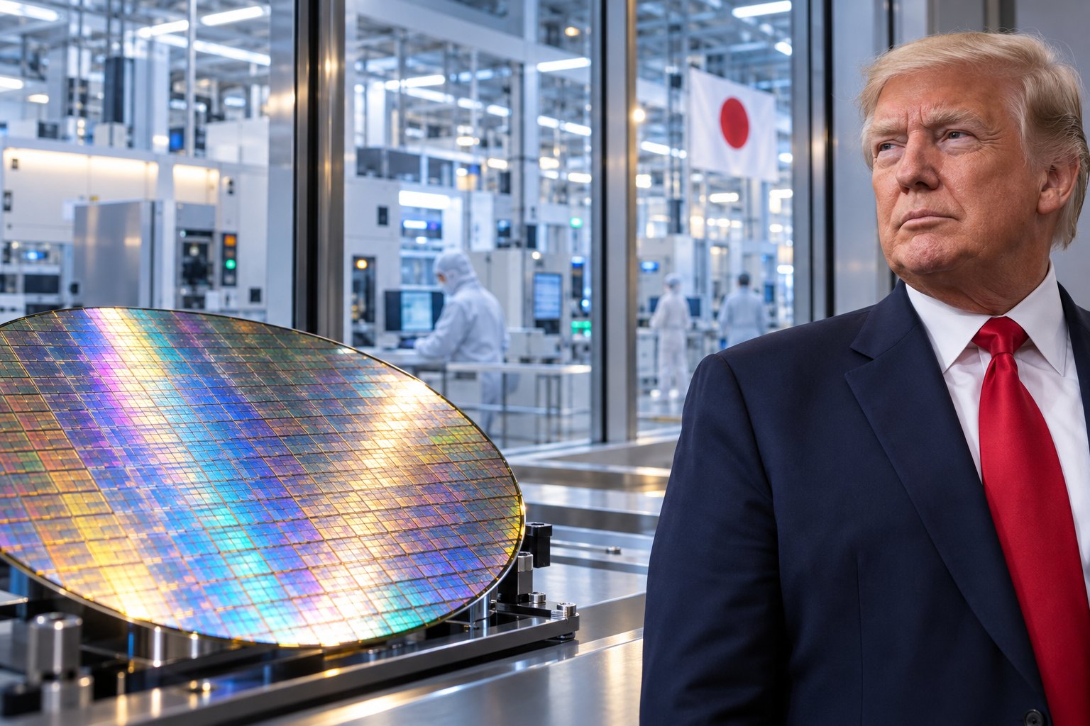 Conceptual editorial illustration of Donald Trump beside a silicon wafer and a cleanroom with a Japanese flag. Not a photograph of a completed new factory or an actual presidential visit.