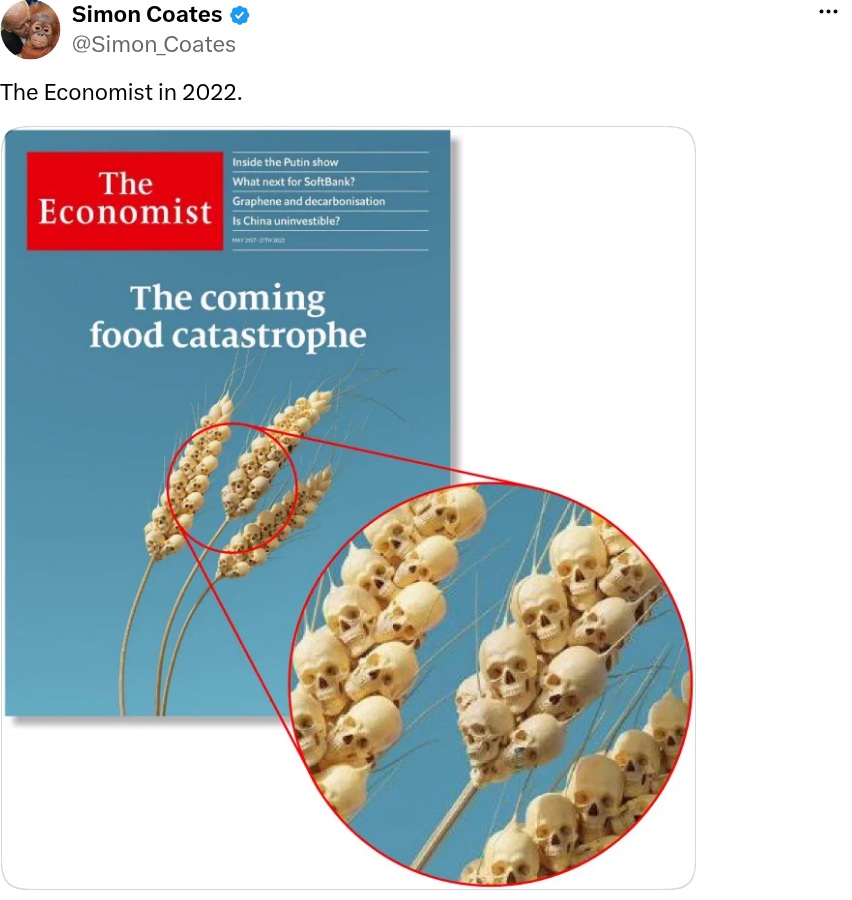 Screenshot of Simon Coates sharing the May 2022 Economist food-catastrophe cover, with a magnified detail of its skull-shaped wheat illustration.