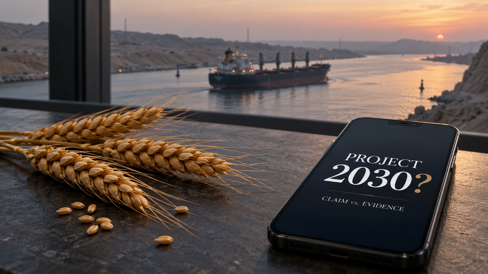 Editorial illustration of wheat, a cargo ship and a phone reading Project 2030? Claim vs. Evidence. The image illustrates an unsubstantiated online theory, not a documented plot.